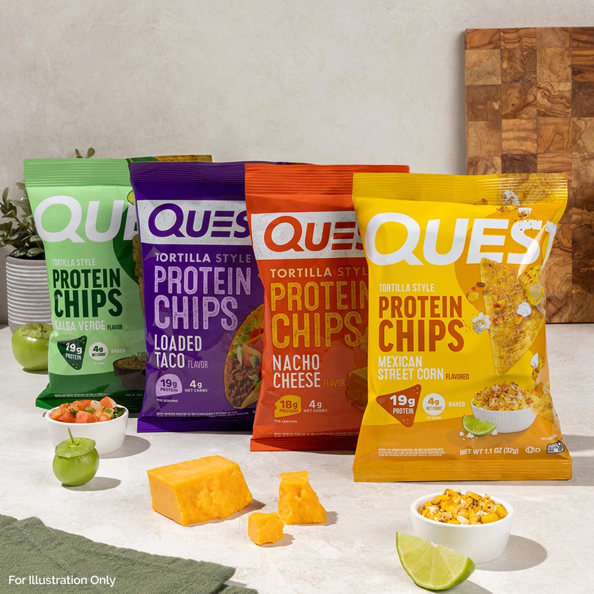 Four bags of Quest Protein Chips in various flavors, with accompanying ingredients.