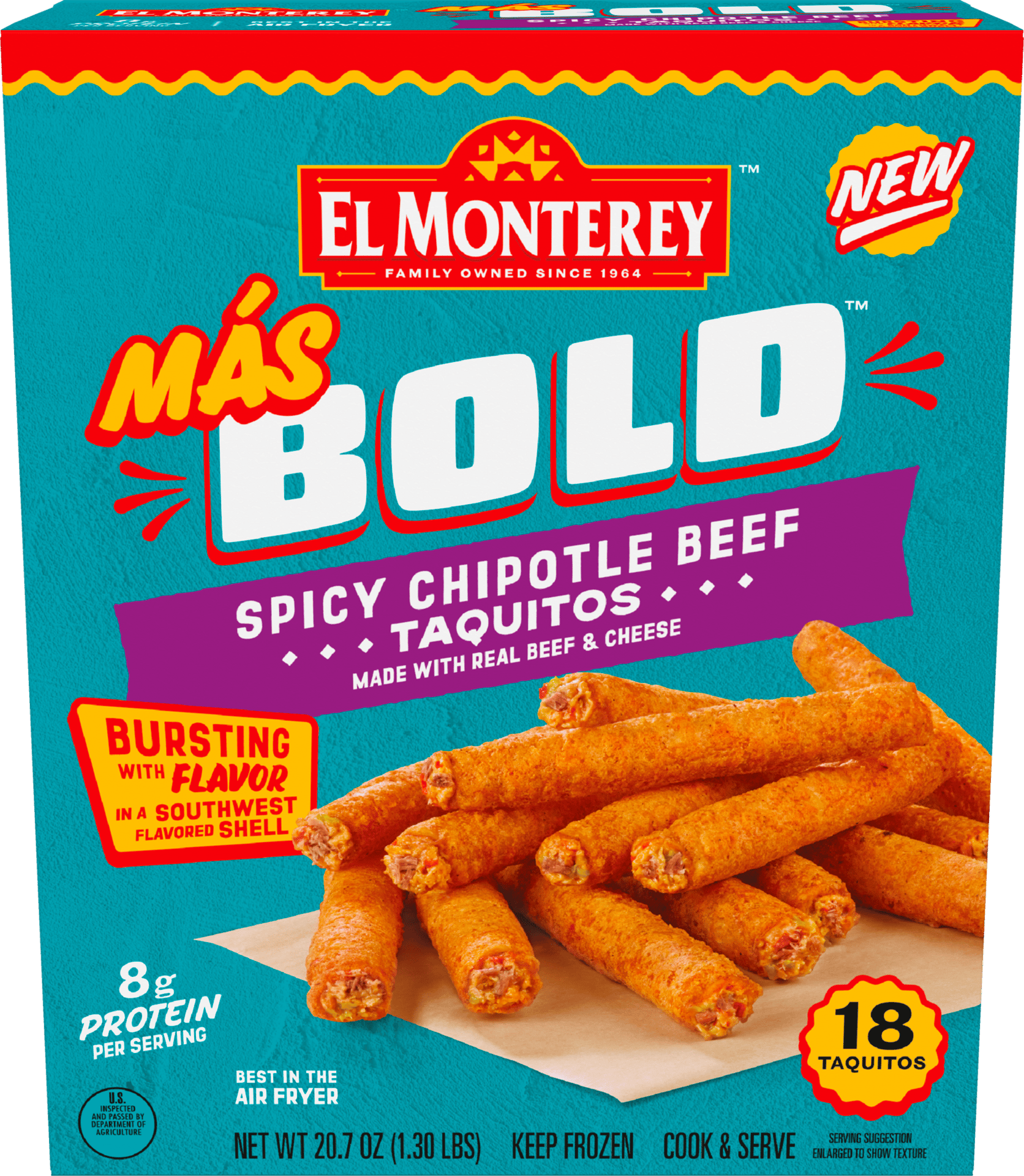 Box of El Monterey Más Bold Spicy Chipotle Beef Taquitos, made with real beef & cheese, air fryer ready.