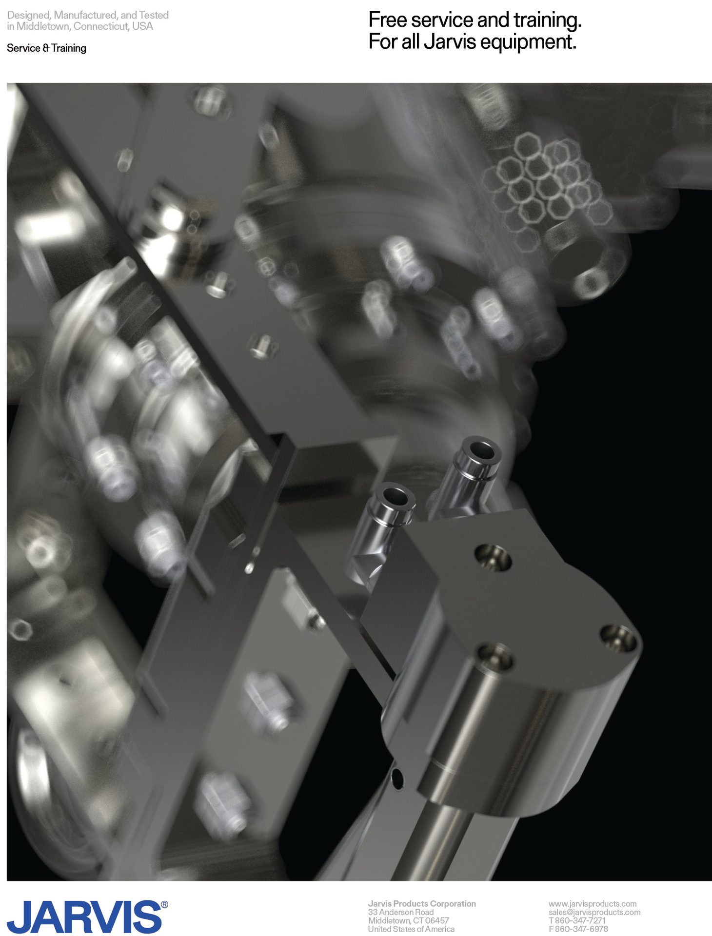 Close-up of metallic Jarvis machinery parts, emphasizing free service and training for all equipment.