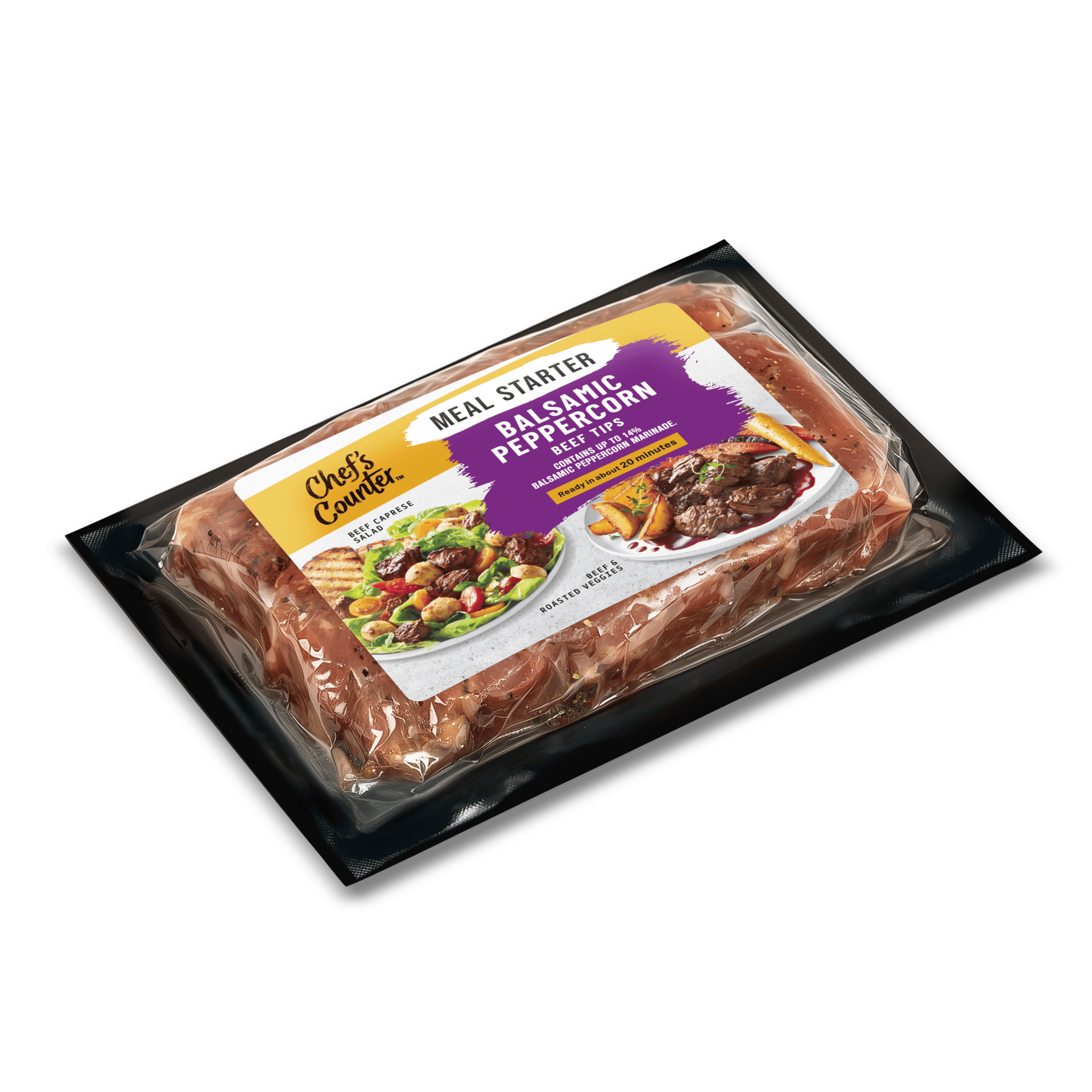 Chef's Counter Meal Starter Balsamic Peppercorn Beef Tips in packaging, ready in 20 minutes.