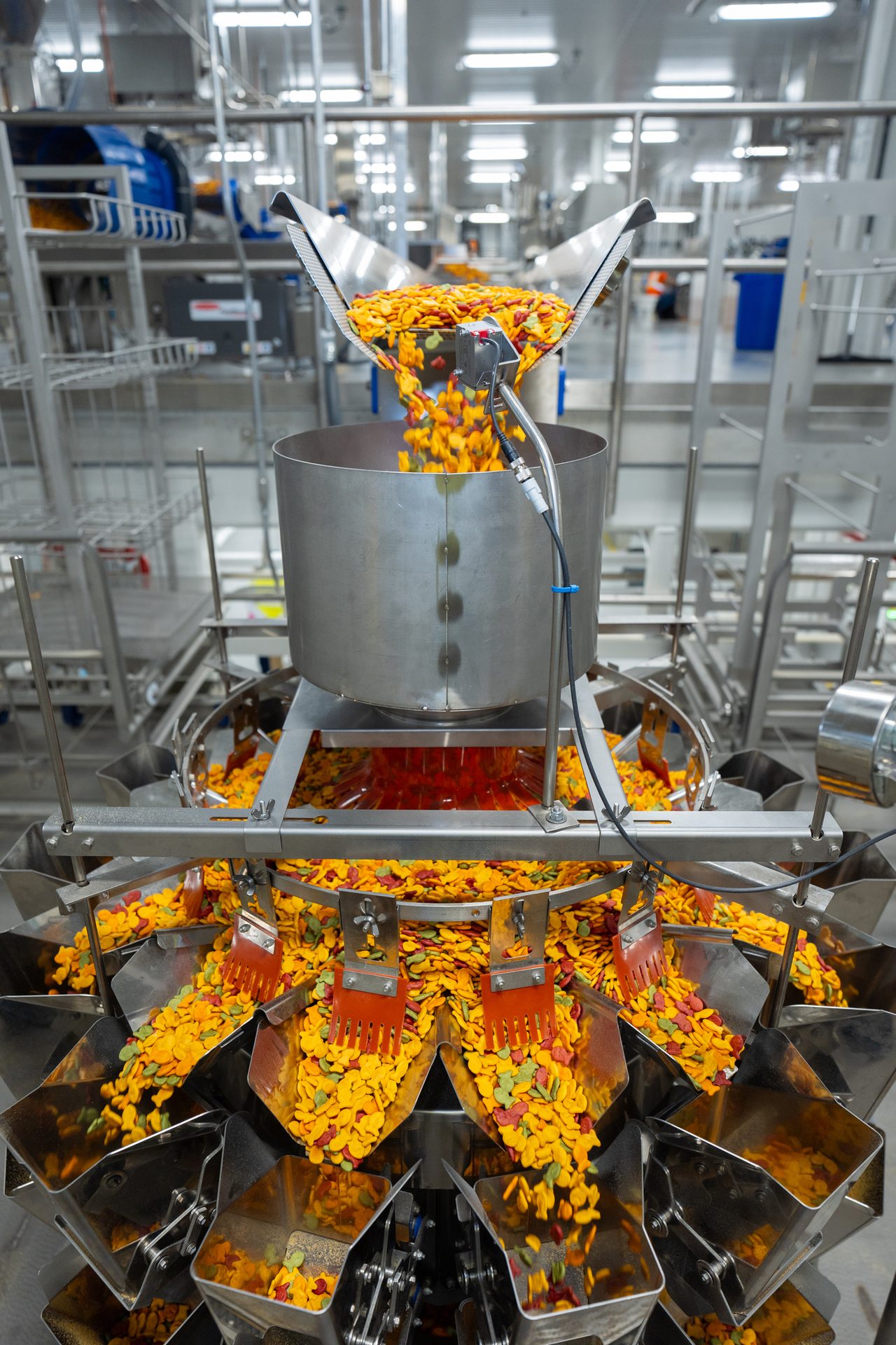 Colorful kibble dropping into a multi-head weighing machine in a factory.