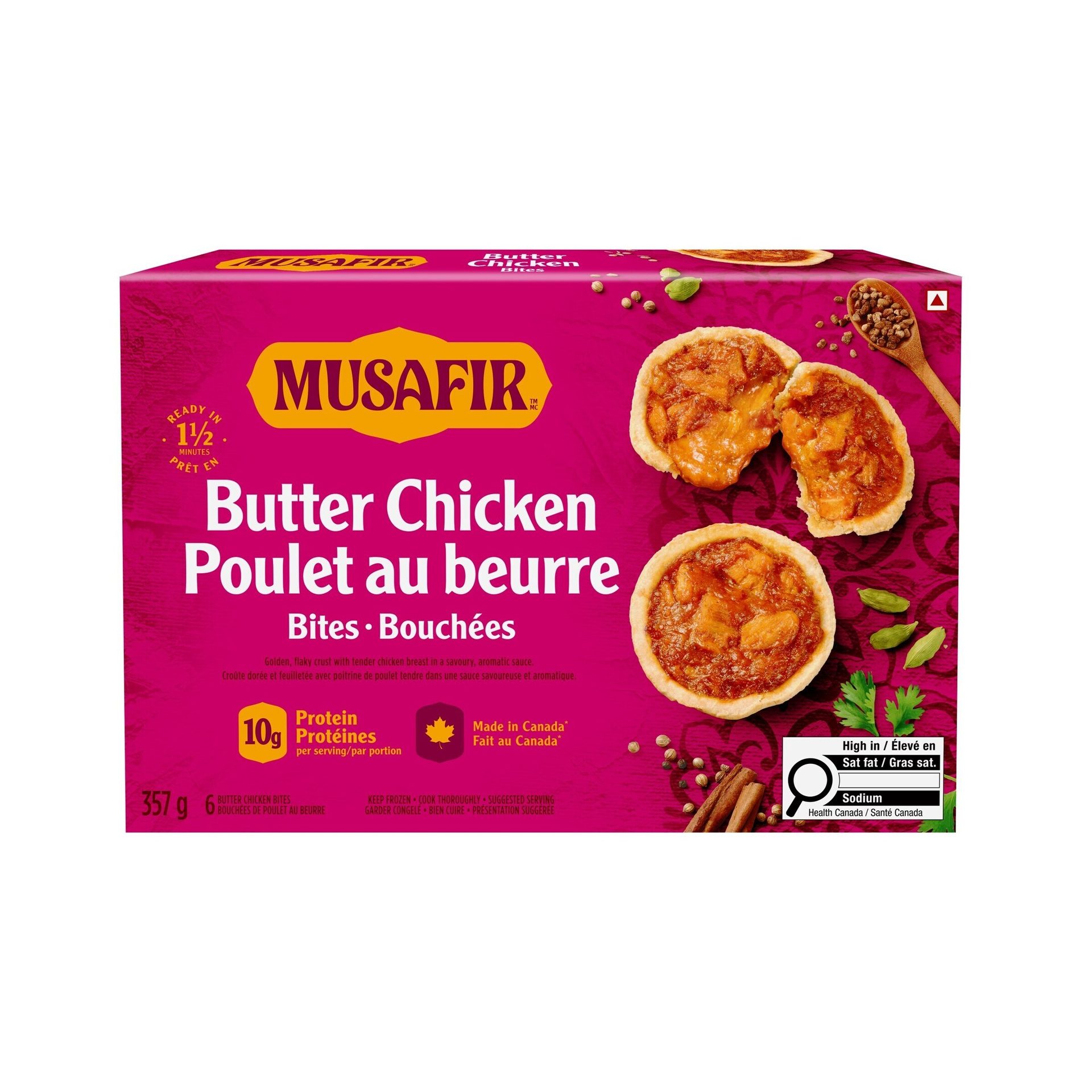 Musafir Butter Chicken Bites packaging with two tarts, spices, and key nutrition labels.