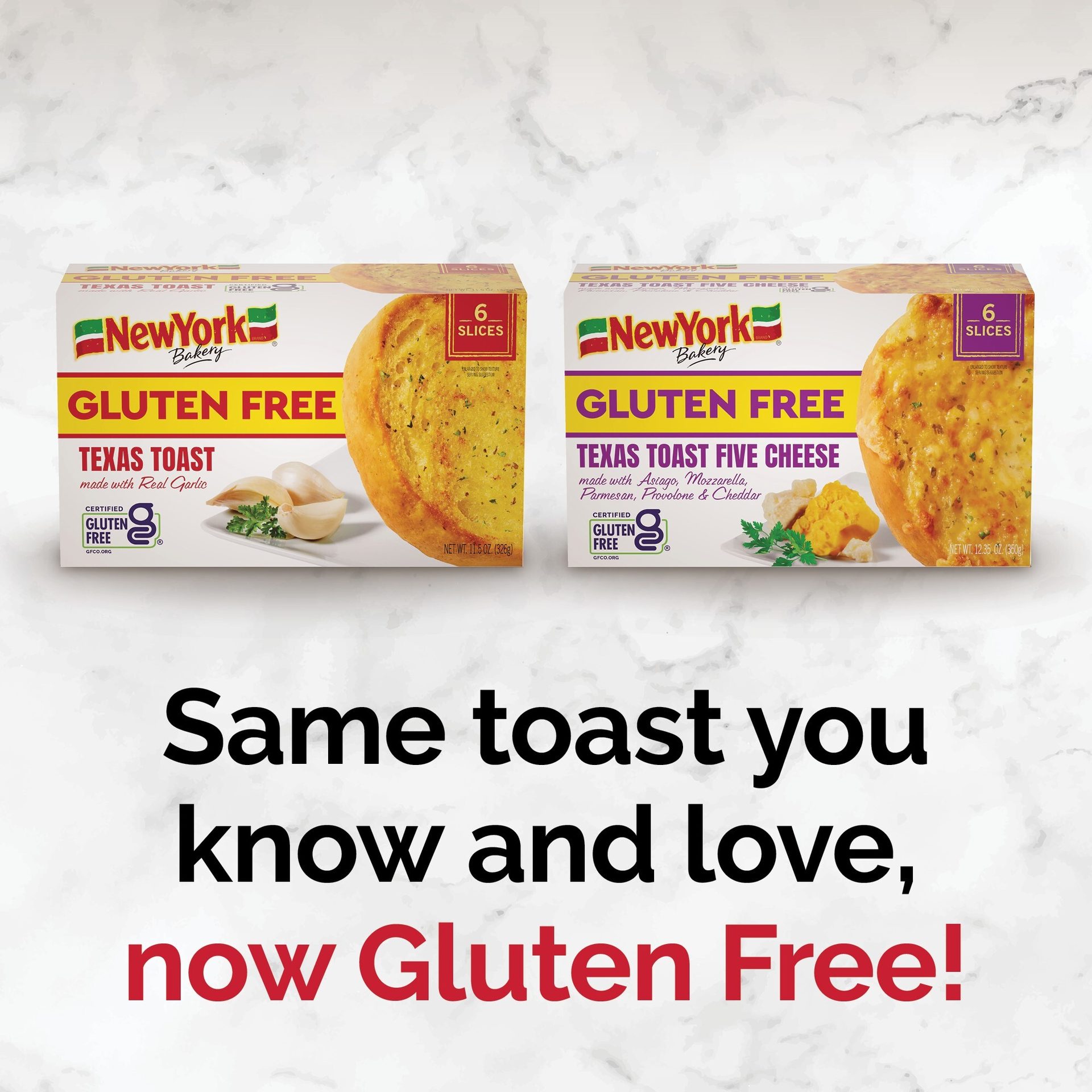 Two New York Bakery Gluten Free Texas Toast boxes (Garlic & Five Cheese) with promotional text.