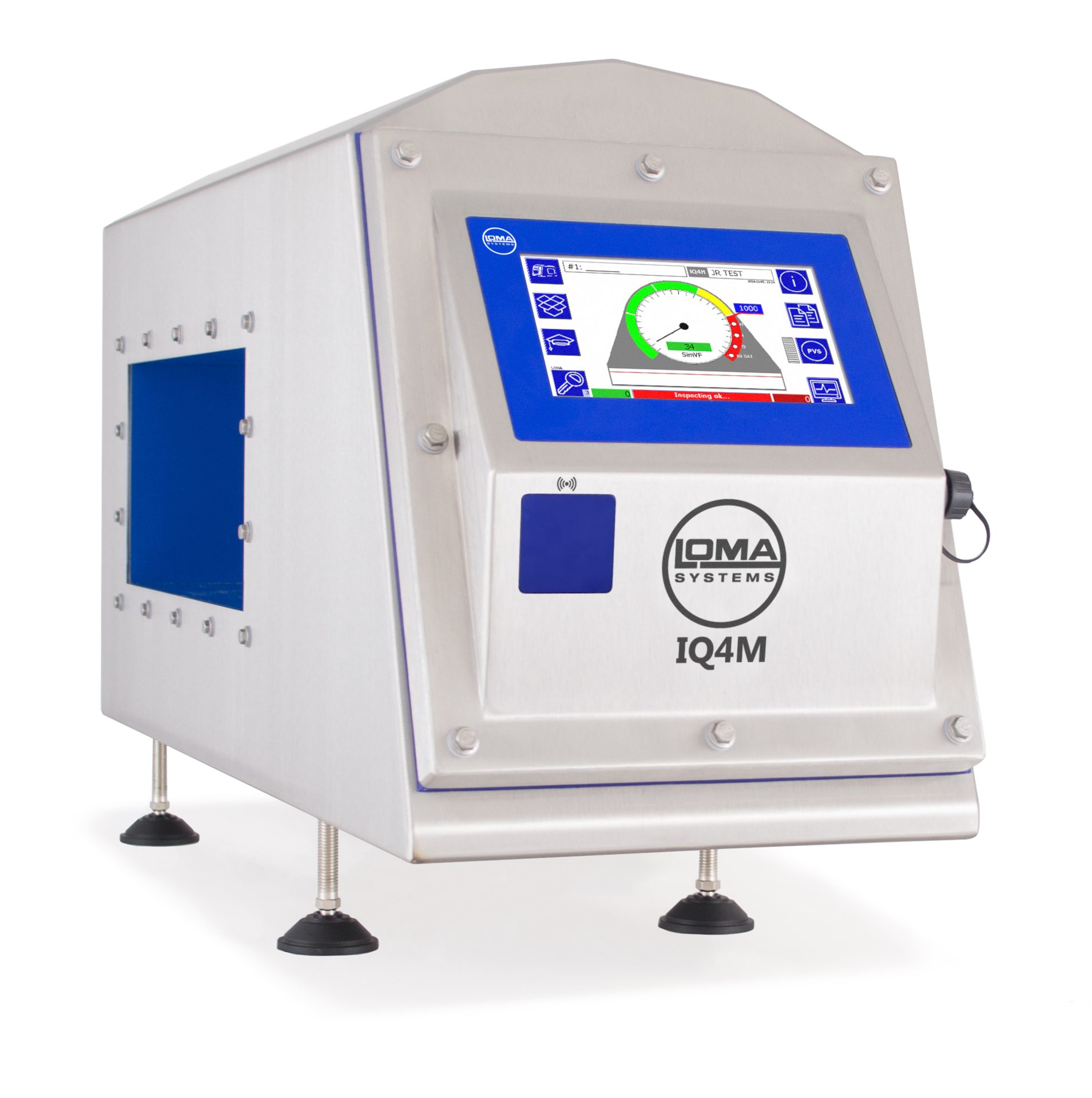 Stainless steel Loma Systems IQ4M metal detector with a blue touchscreen and side opening.