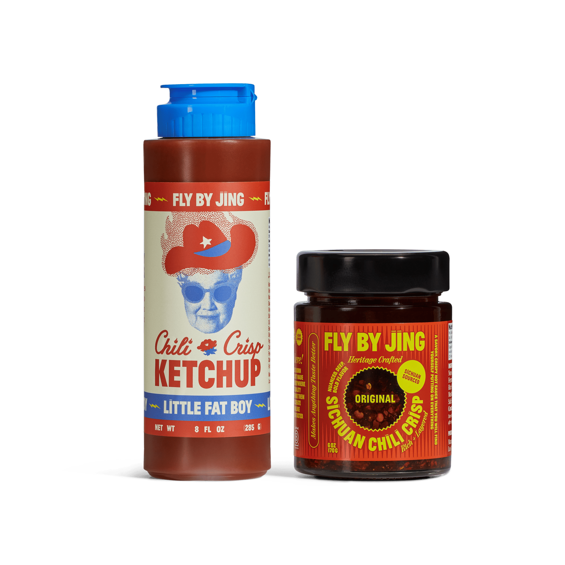 Two Fly By Jing products: a Chili Crisp Ketchup bottle and a Sichuan Chili Crisp jar.