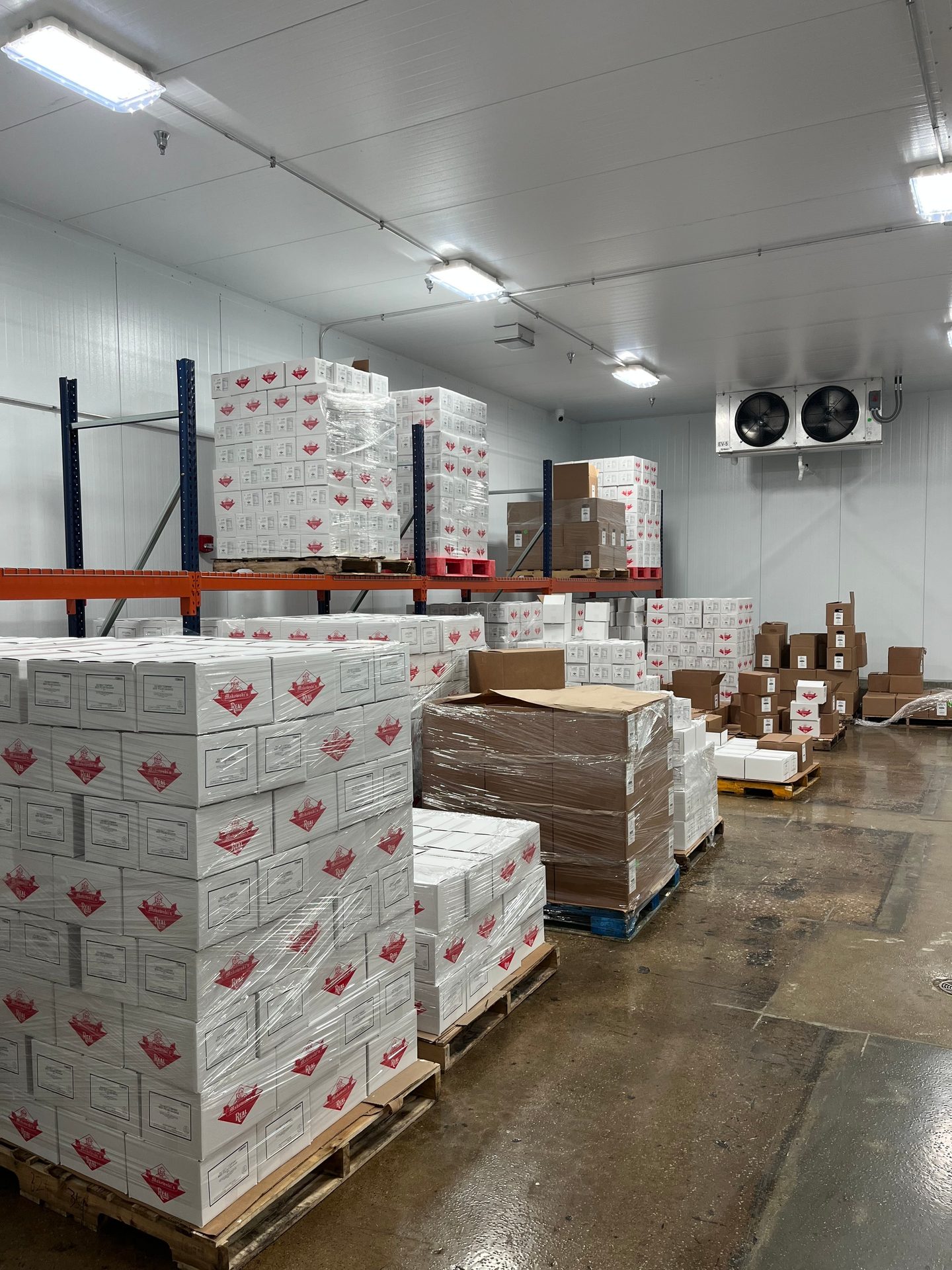 Cold storage warehouse full of stacked boxes on pallets, with industrial cooler and wet floor.