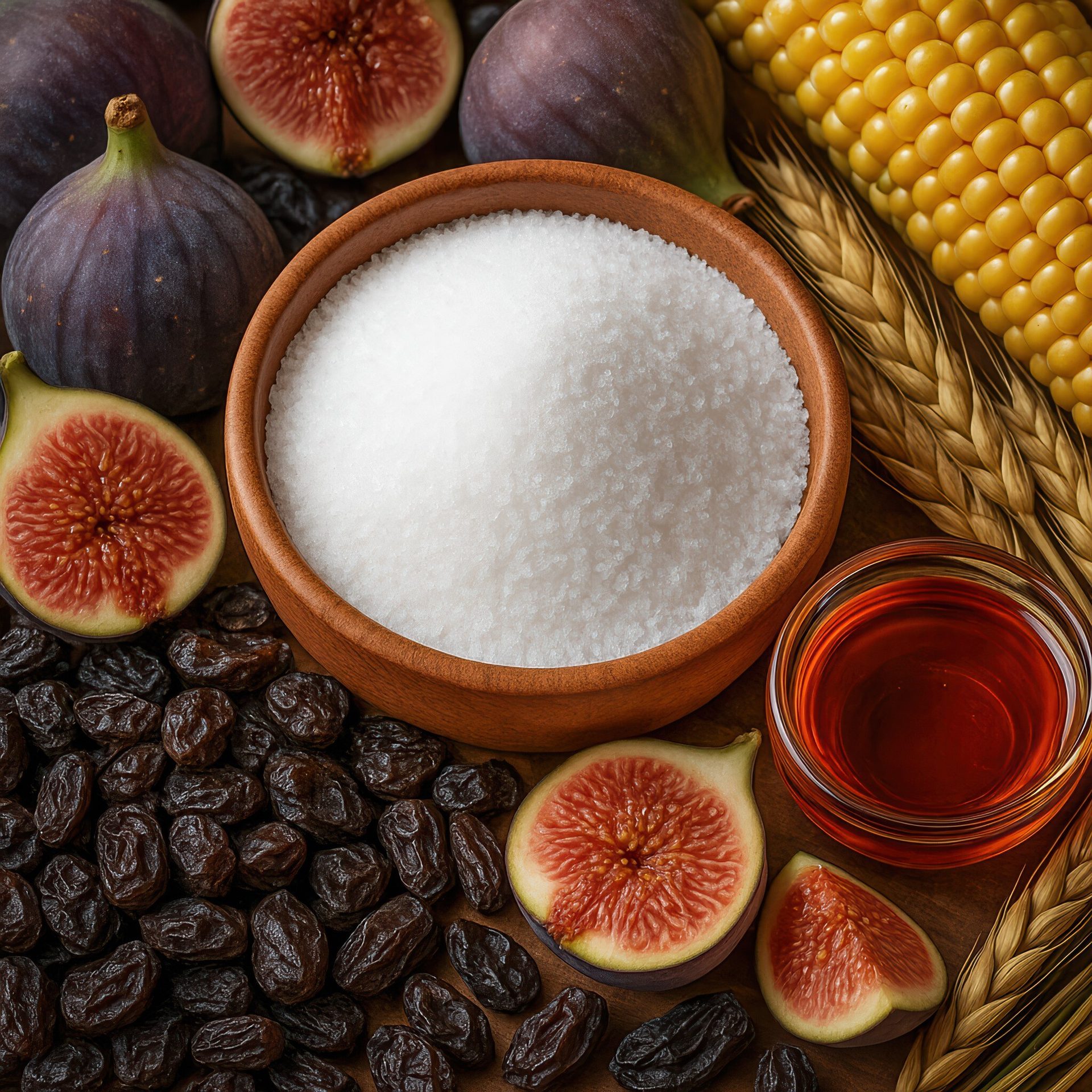 Figs, sugar, raisins, corn, wheat, and syrup on a wooden surface.