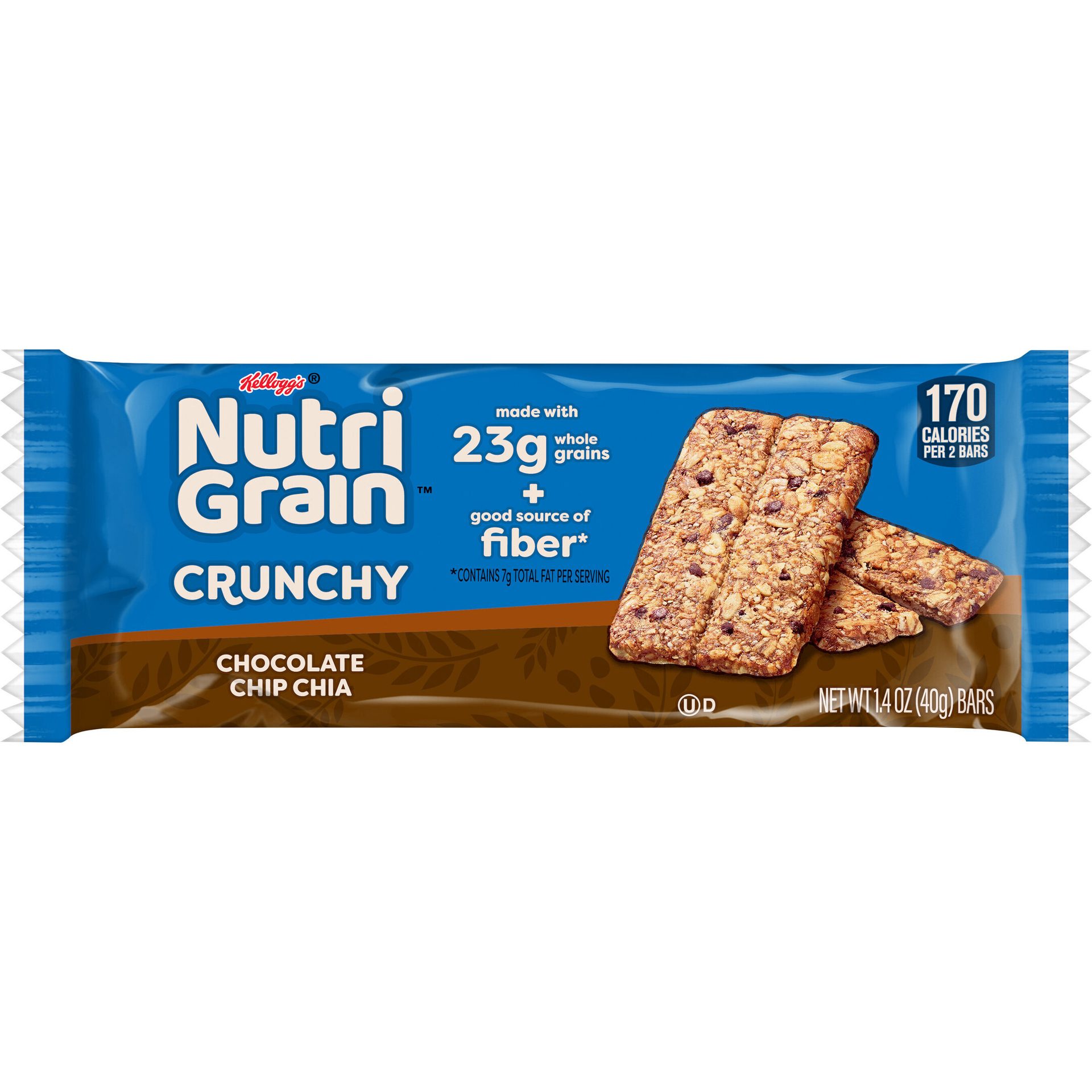 Kellogg's Nutri-Grain Crunchy Chocolate Chip Chia bar. 170 calories, 23g whole grains, good source of fiber.