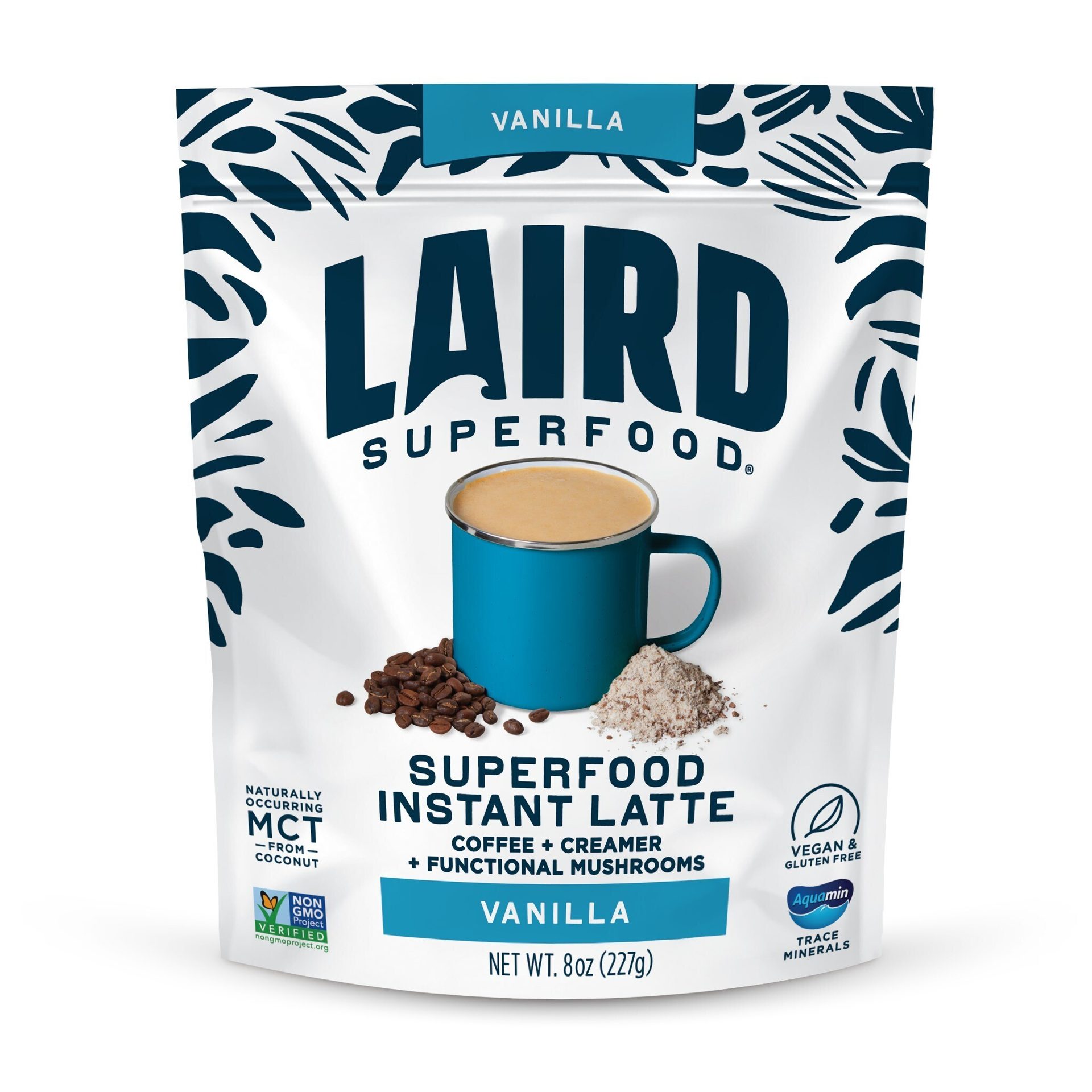 Laird Superfood Vanilla Instant Latte pouch. Features coffee, creamer, mushrooms, MCT, vegan.