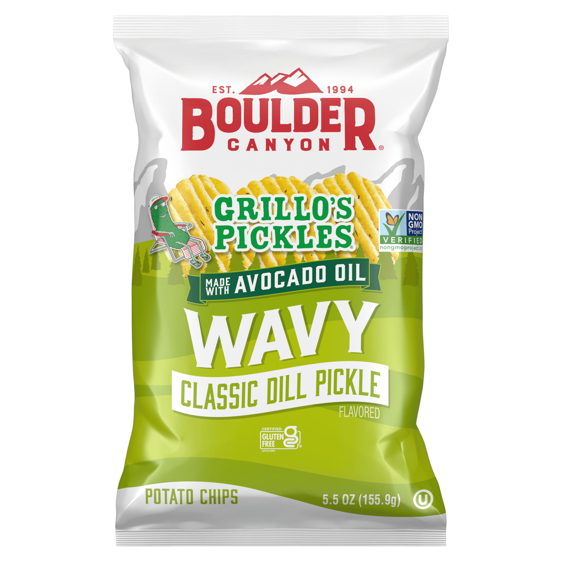 Boulder Canyon Wavy Grillo's Pickles Classic Dill Potato Chips bag, made with avocado oil, 5.5 oz.