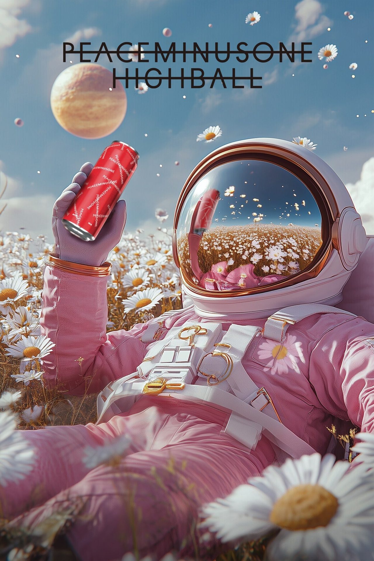 Pink astronaut in daisy field holds red can. Planet in sky. Text: 'PEACEMINUSONE HIGHBALL'.