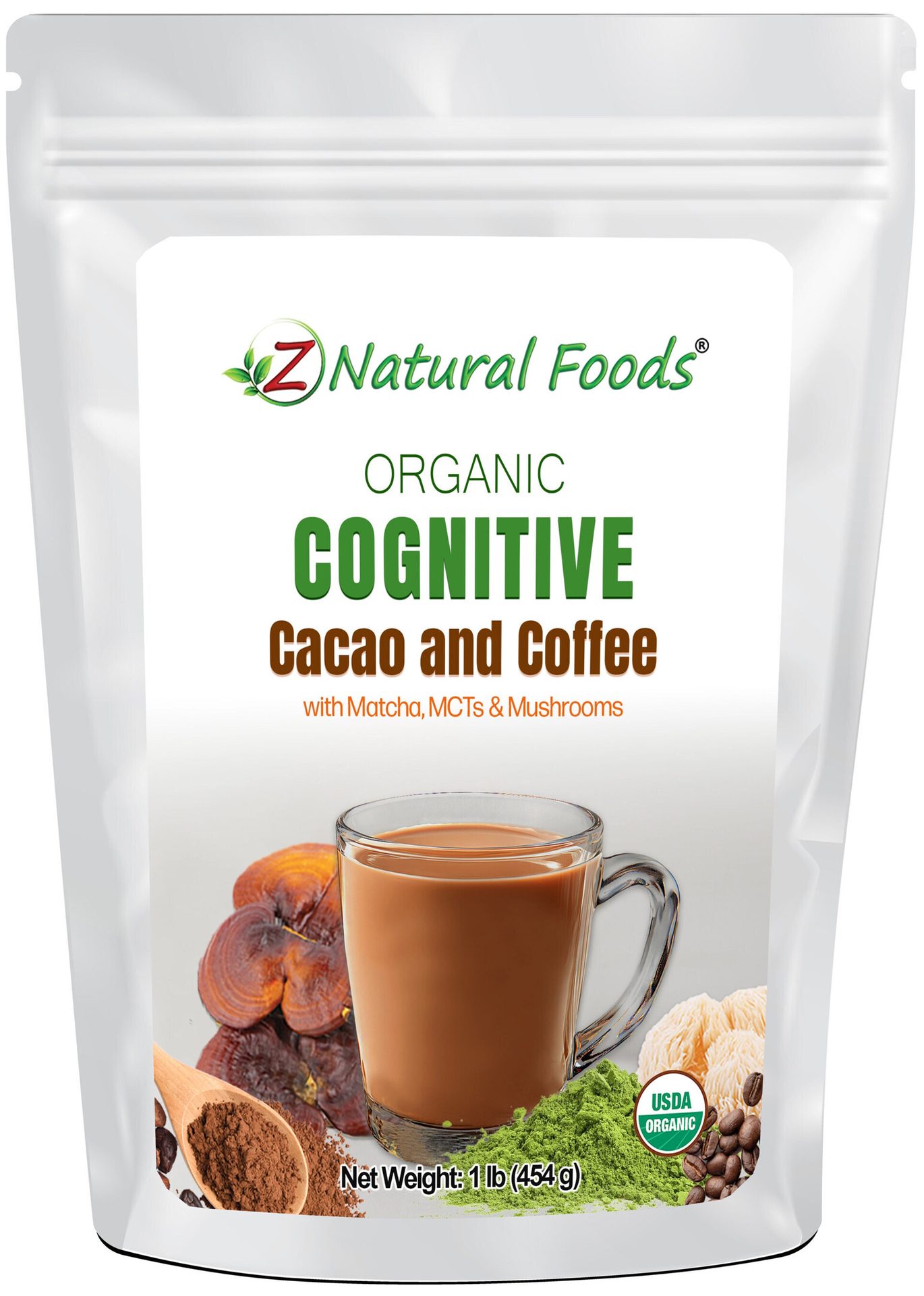 Z Natural Foods Organic Cognitive Cacao & Coffee with Matcha, MCTs, & Mushrooms in a pouch.
