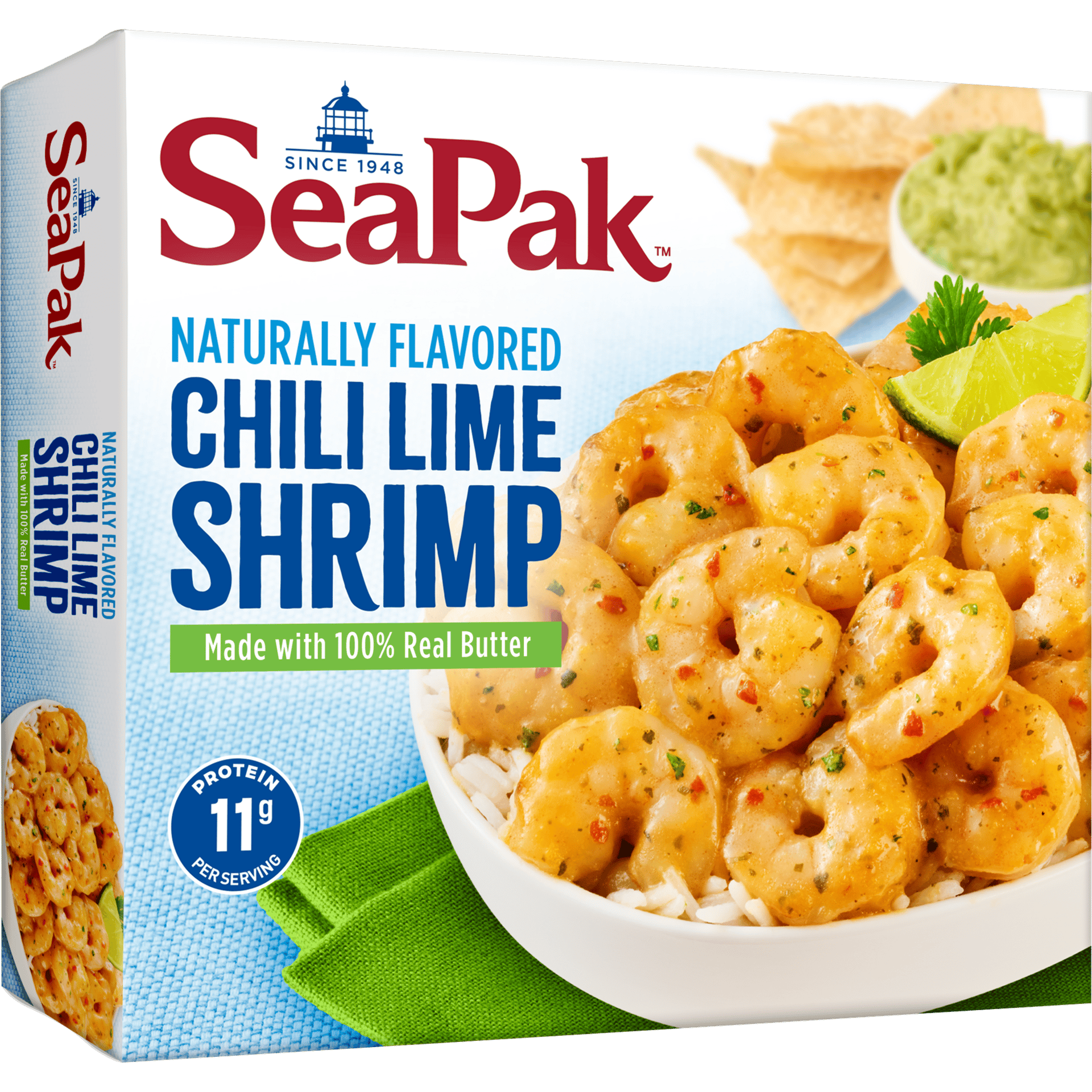 SeaPak Chili Lime Shrimp box with cooked shrimp and rice in a bowl, featuring 11g protein per serving.