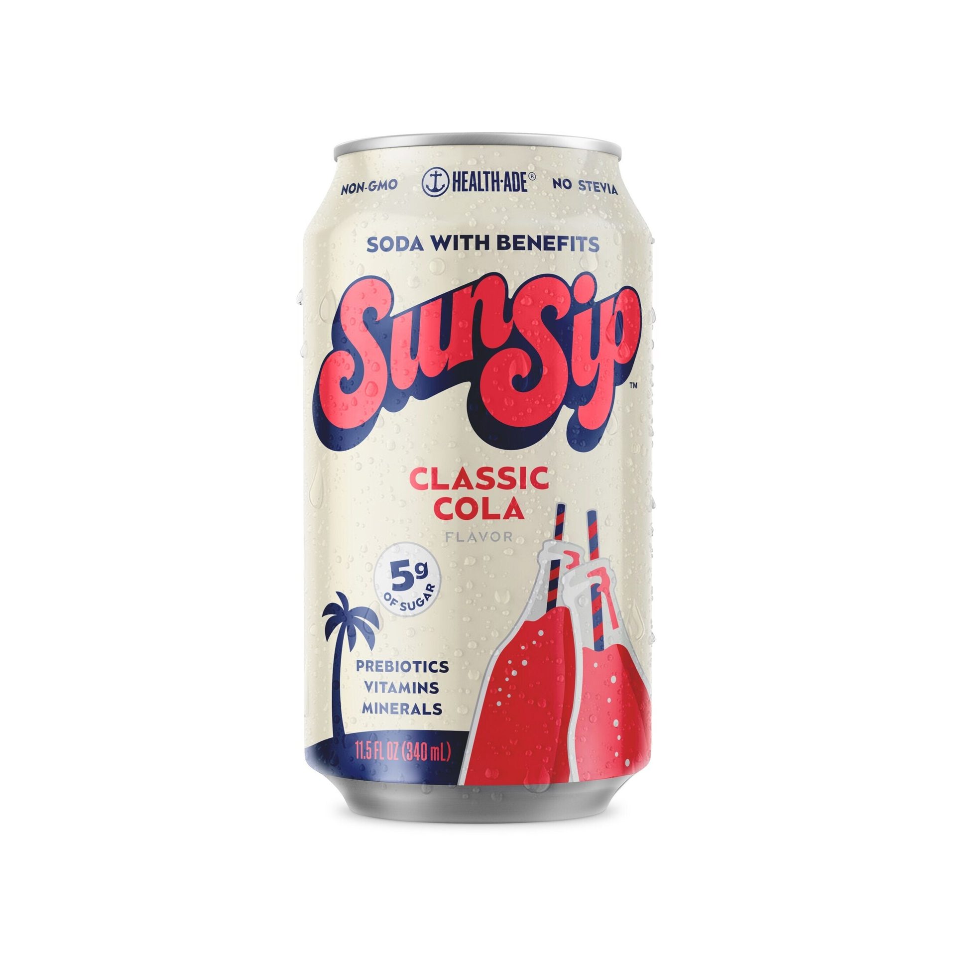 SunSip Classic Cola soda can, 5g sugar, with prebiotics, vitamins, and minerals.