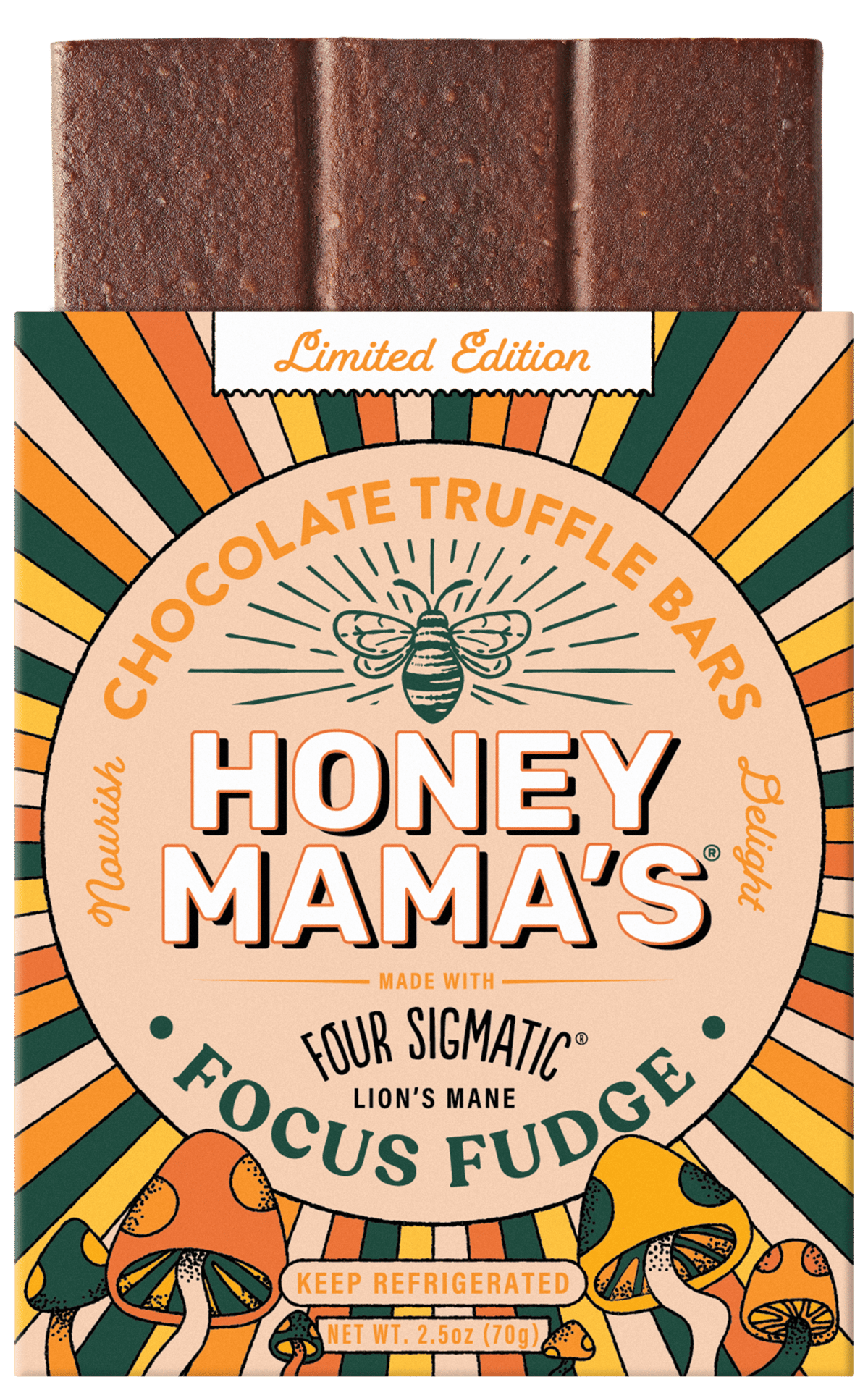Honey Mama's Limited Edition Lion's Mane Focus Fudge Chocolate Truffle Bar.