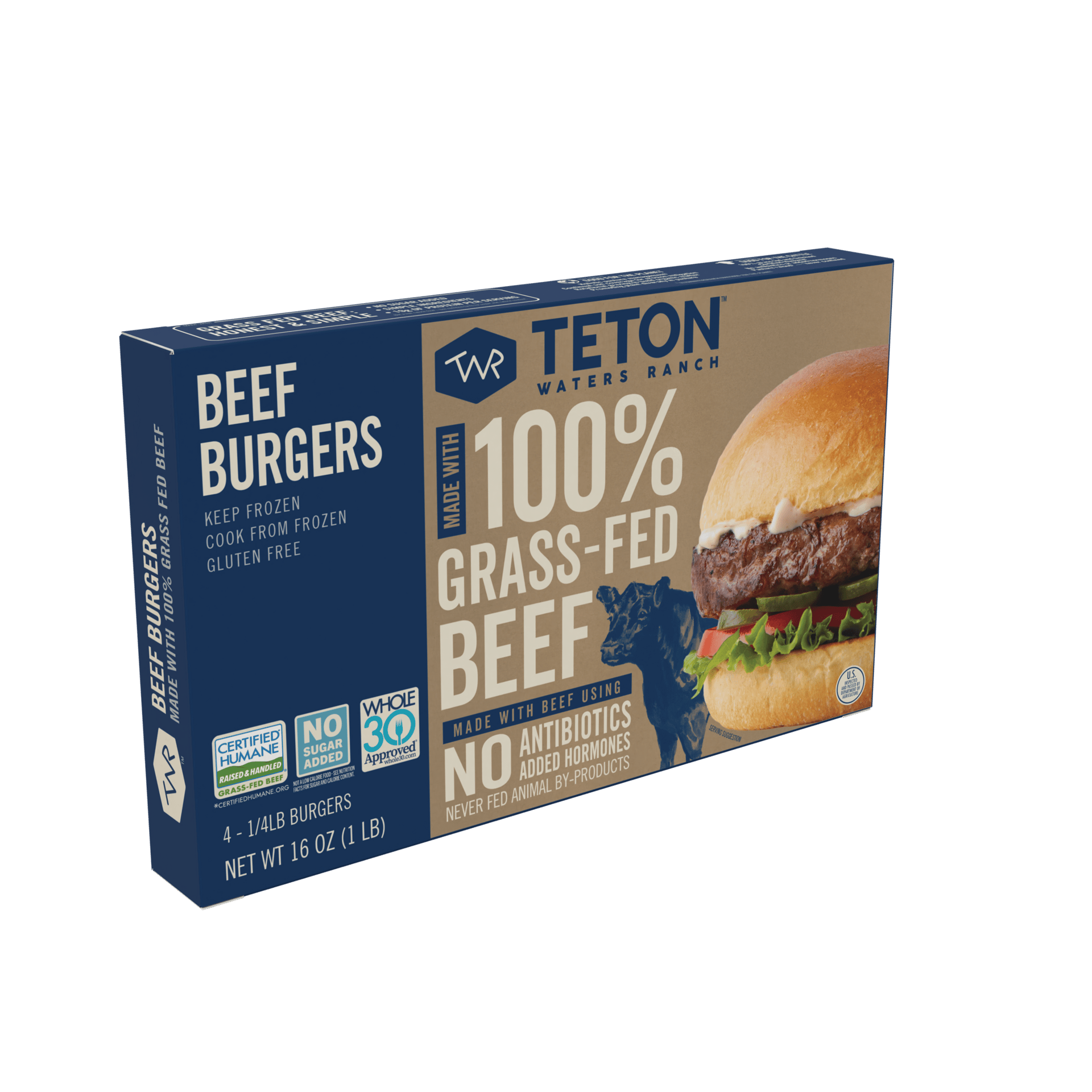 Teton Waters Ranch 100% Grass-Fed Beef Burgers box, featuring a burger image and product details.