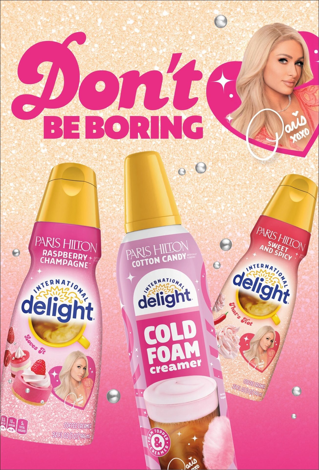 Paris Hilton promotes International Delight creamers: Raspberry+Champagne, Cotton Candy, and Sweet+Spicy.