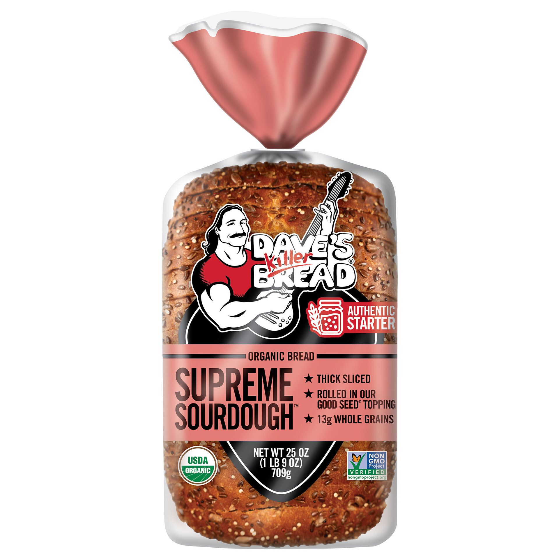Dave's Killer Bread Supreme Sourdough loaf, featuring logo, organic, and non-GMO labels.