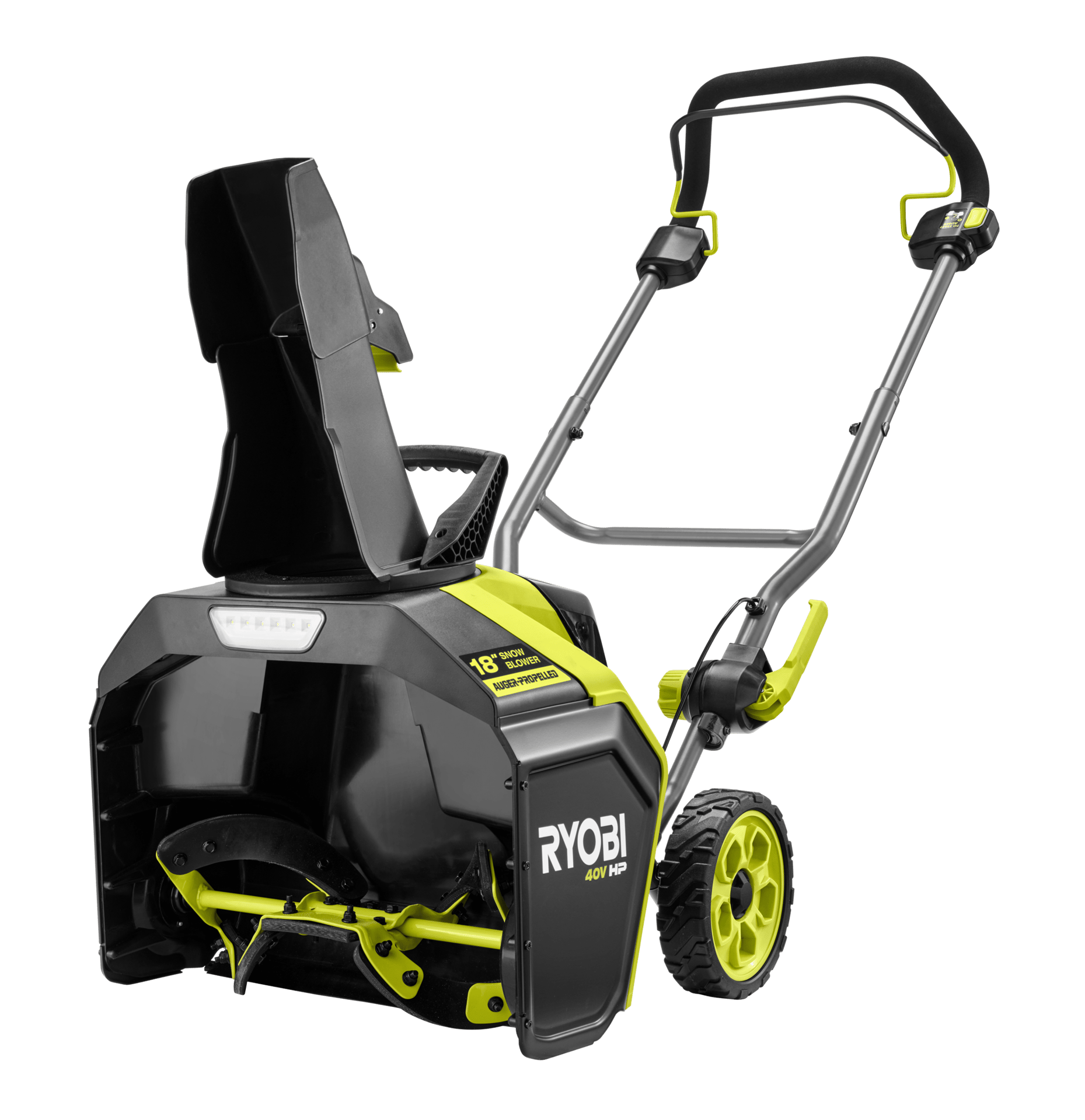Ryobi 40V HP 18-inch auger-propelled snow blower, black and neon green.