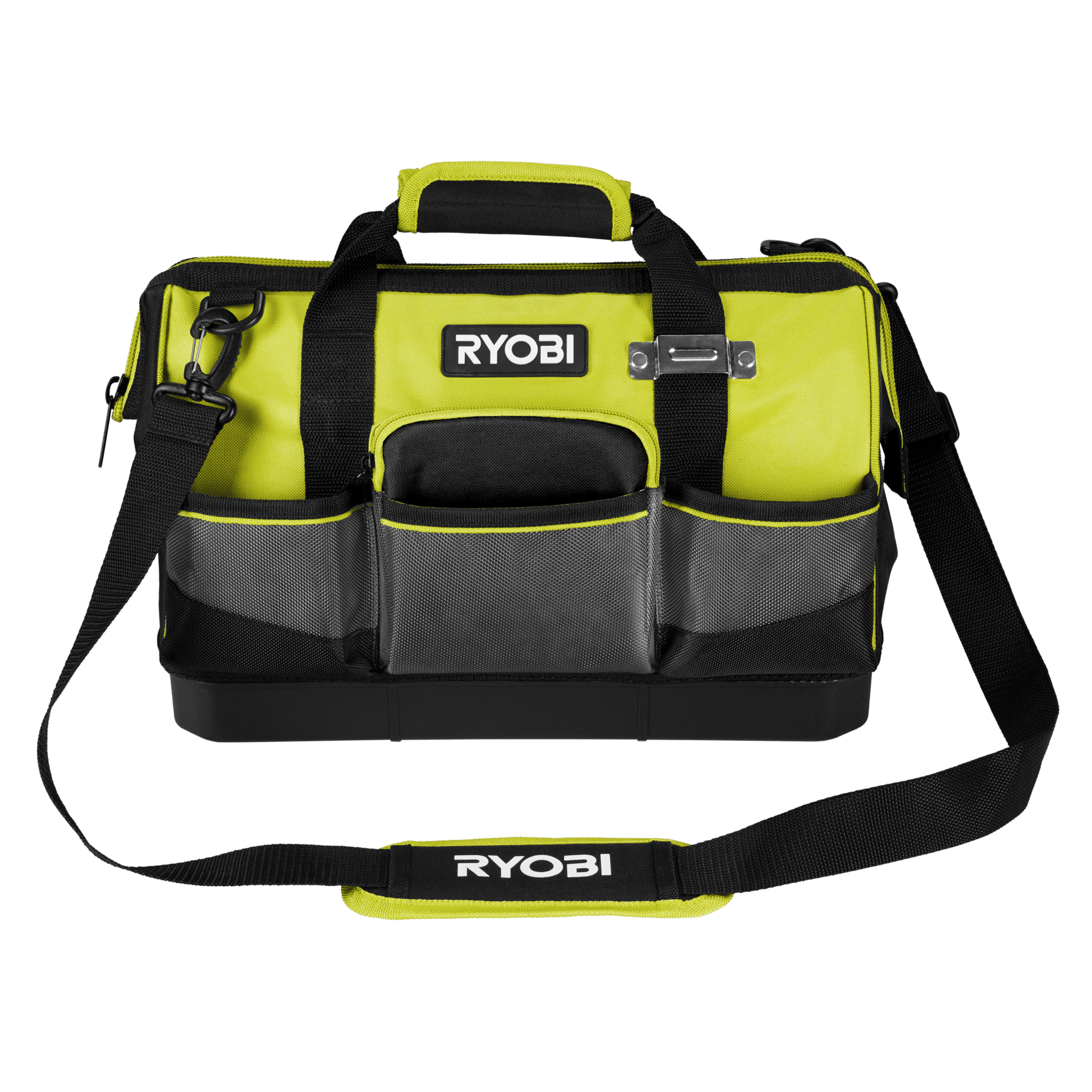 Ryobi lime green and black tool bag with exterior pockets, top handle, and shoulder strap.