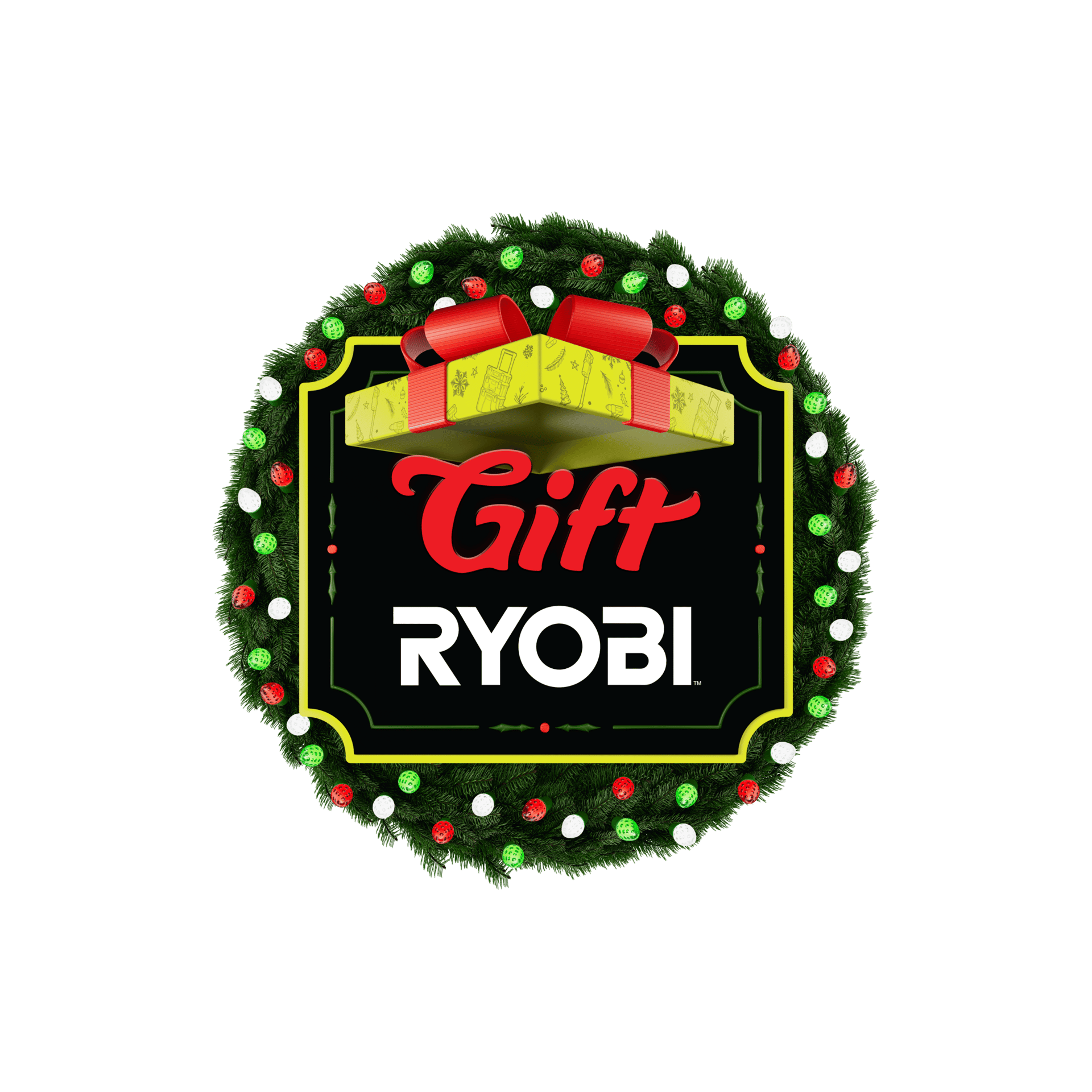 Christmas wreath logo featuring "Gift RYOBI" text and a tool-patterned gift box.