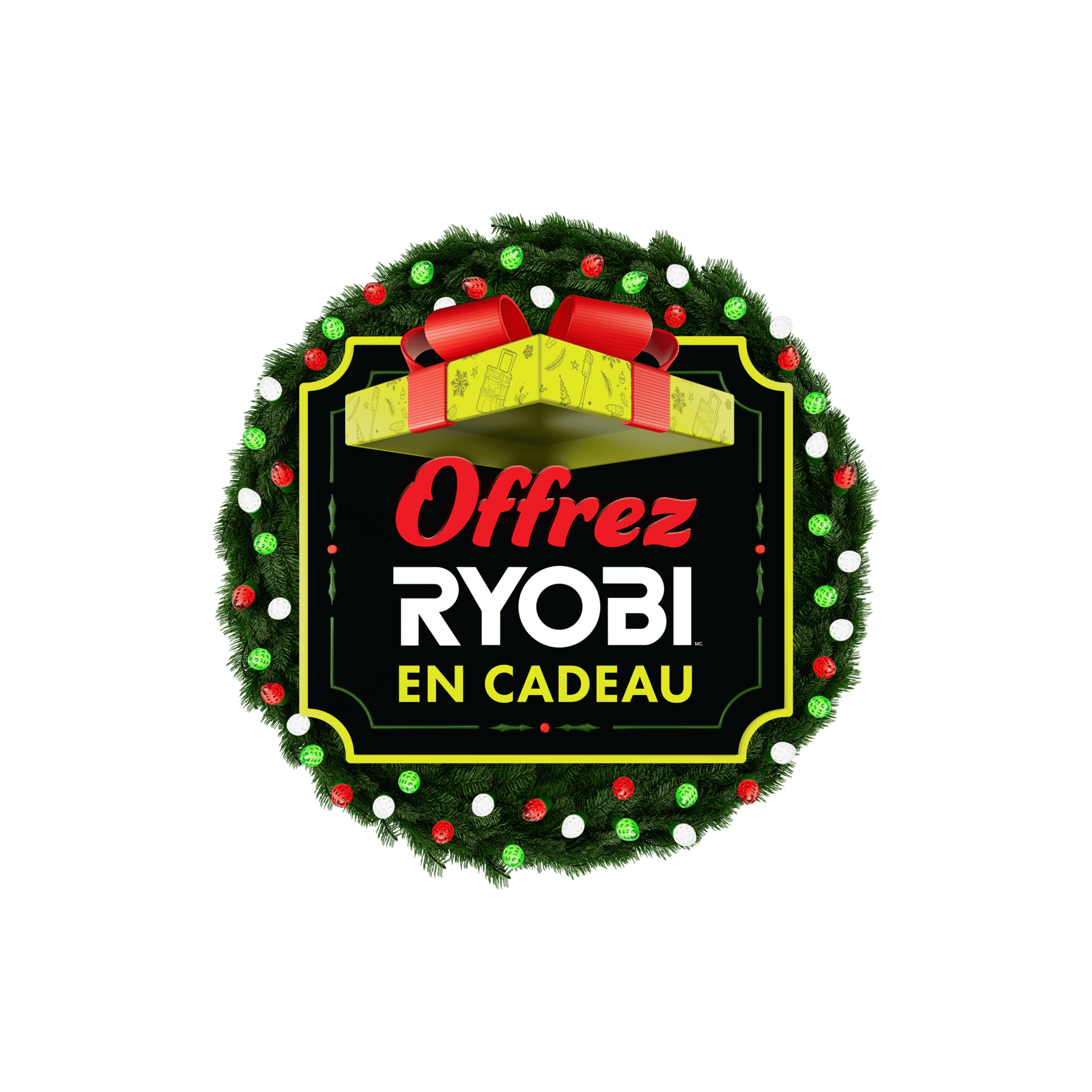 A Christmas wreath with red, green, and white ornaments frames a gift box and text "Offrez RYOBI EN CADEAU".