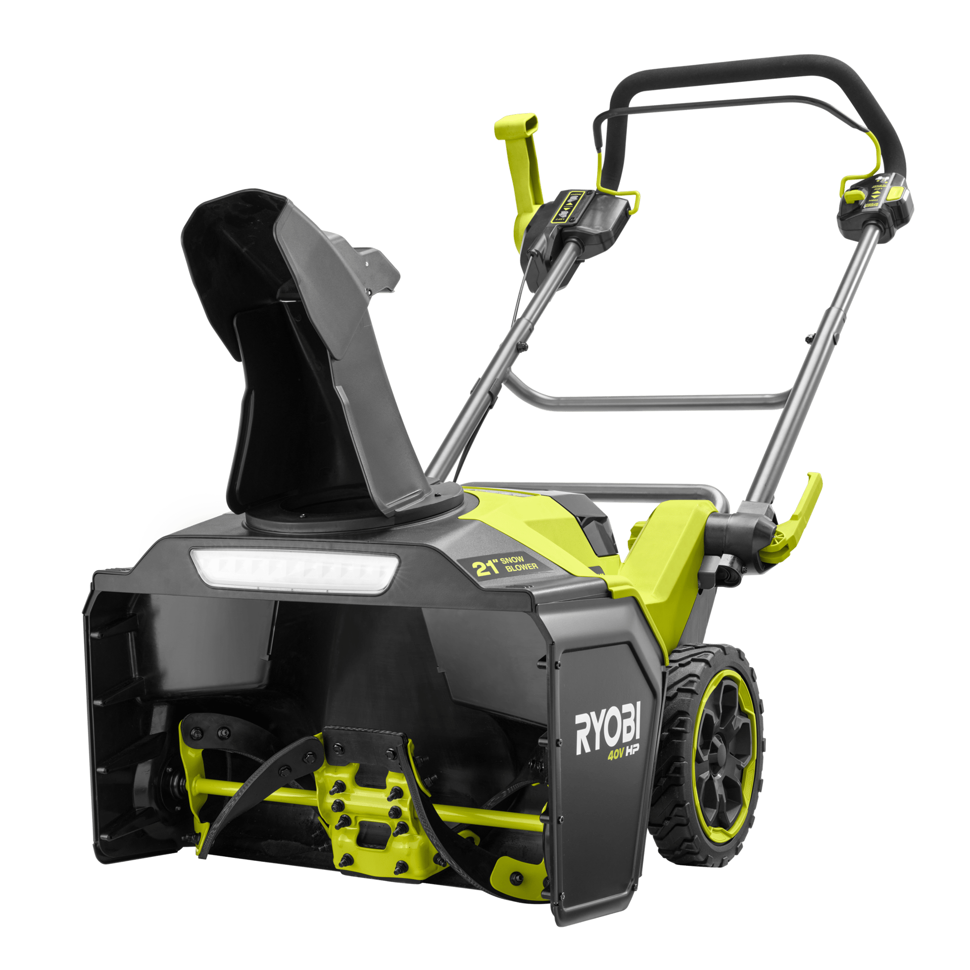 Ryobi 40V HP 21" snow blower, green and black, on a solid green background.