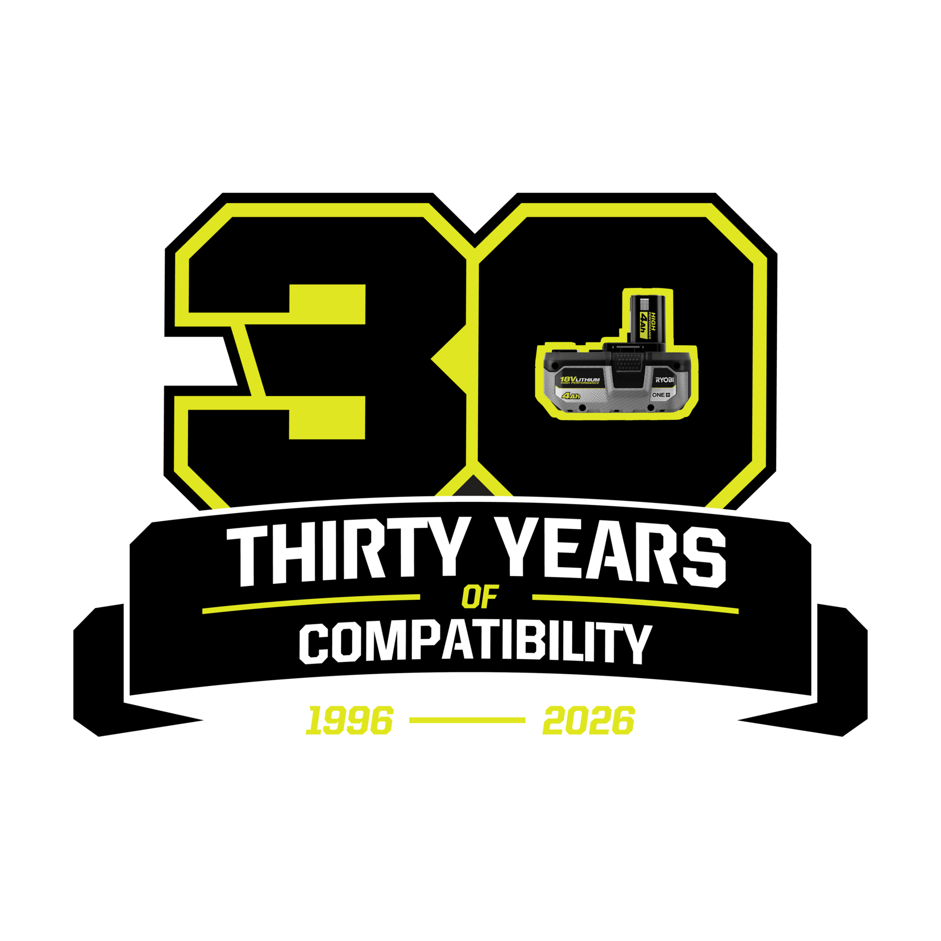 Ryobi logo: '30' with a power tool battery, 'THIRTY YEARS OF COMPATIBILITY 1996-2026'.