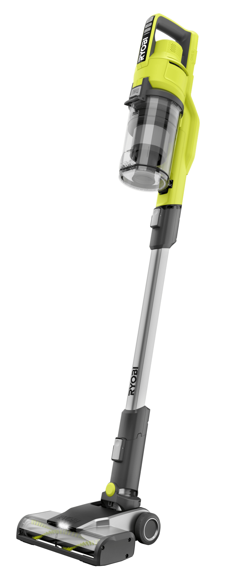 Yellow and black Ryobi cordless stick vacuum cleaner with clear dustbin and illuminated brush head.
