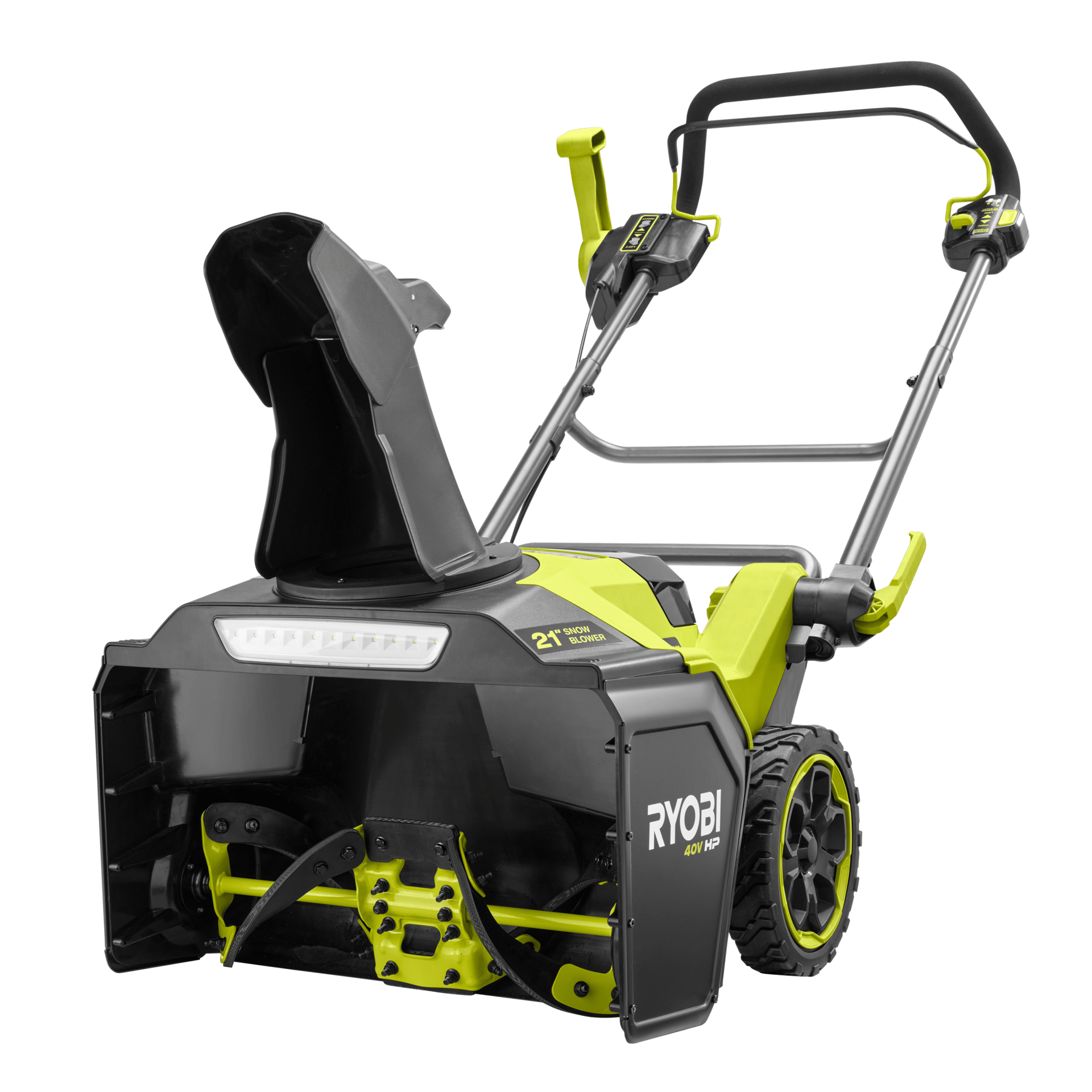 A green and black Ryobi 21-inch 40V HP electric snow blower.