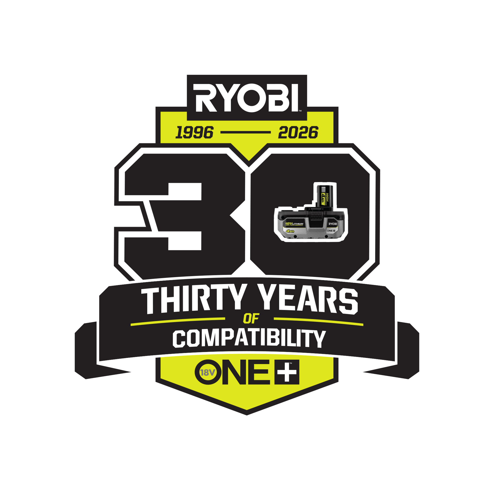 Ryobi 30 years logo (1996-2026) celebrating ONE+ compatibility, with a battery and charger.