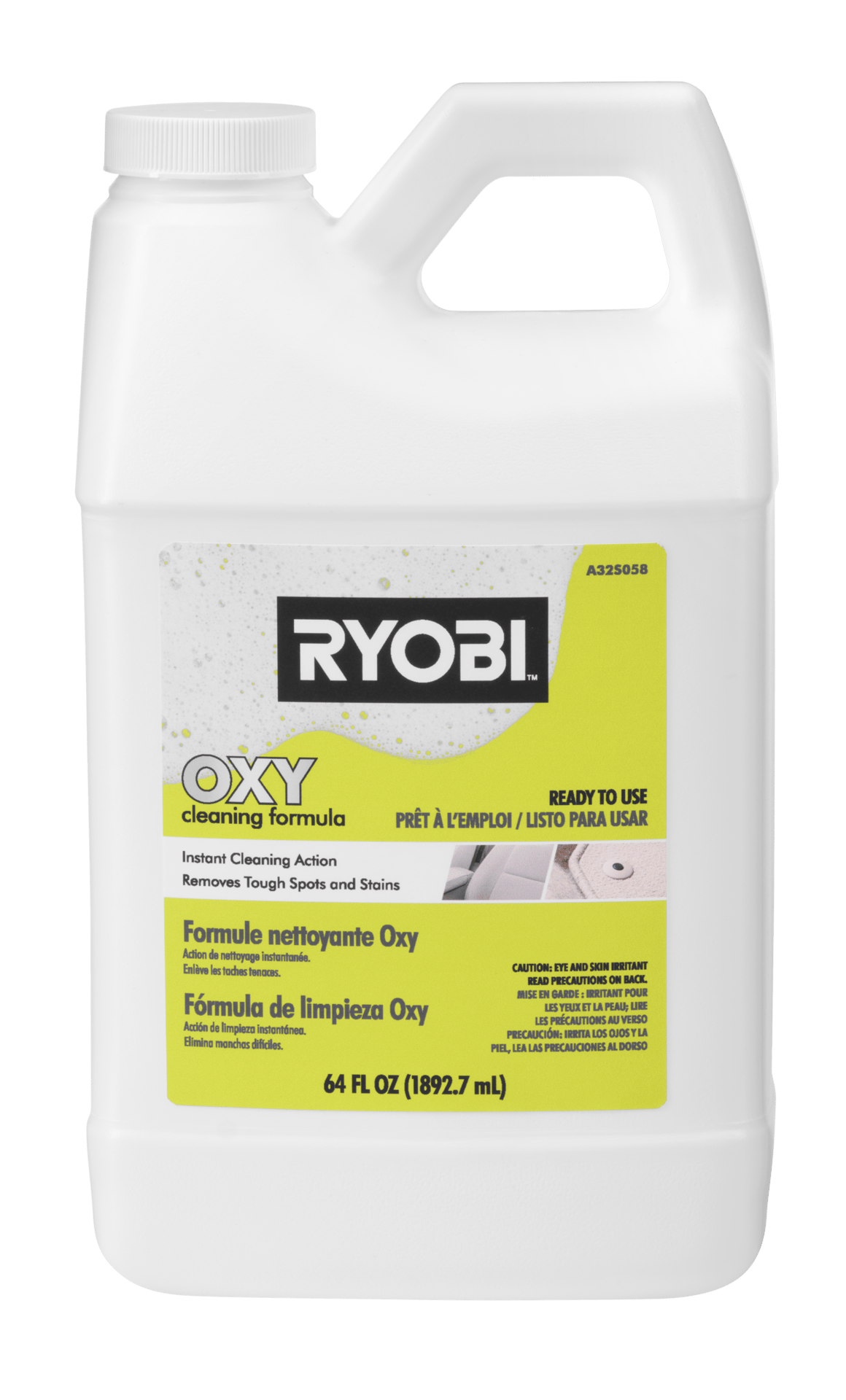 White plastic jug of RYOBI OXY cleaning formula, 64 FL OZ, with a yellow and white label.
