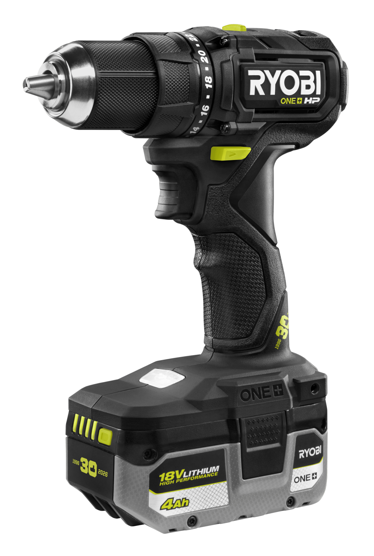 Ryobi ONE+ HP drill with 18V Lithium 4Ah battery, black and neon yellow accents.
