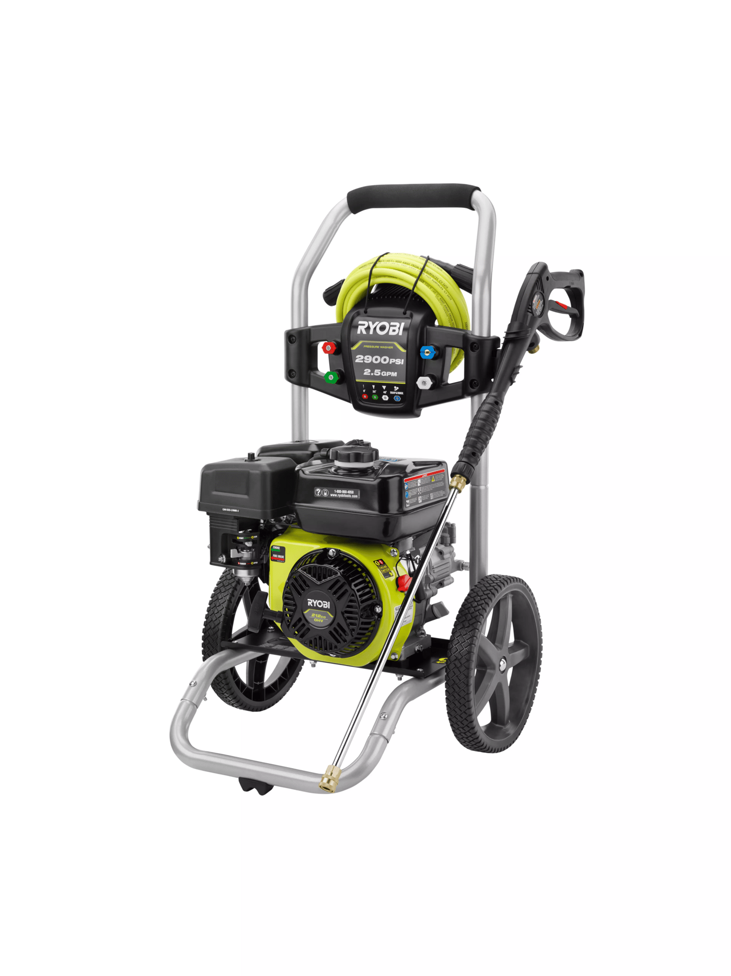 Ryobi 2900 PSI 2.5 GPM gas pressure washer with hose, spray gun, and portable cart.