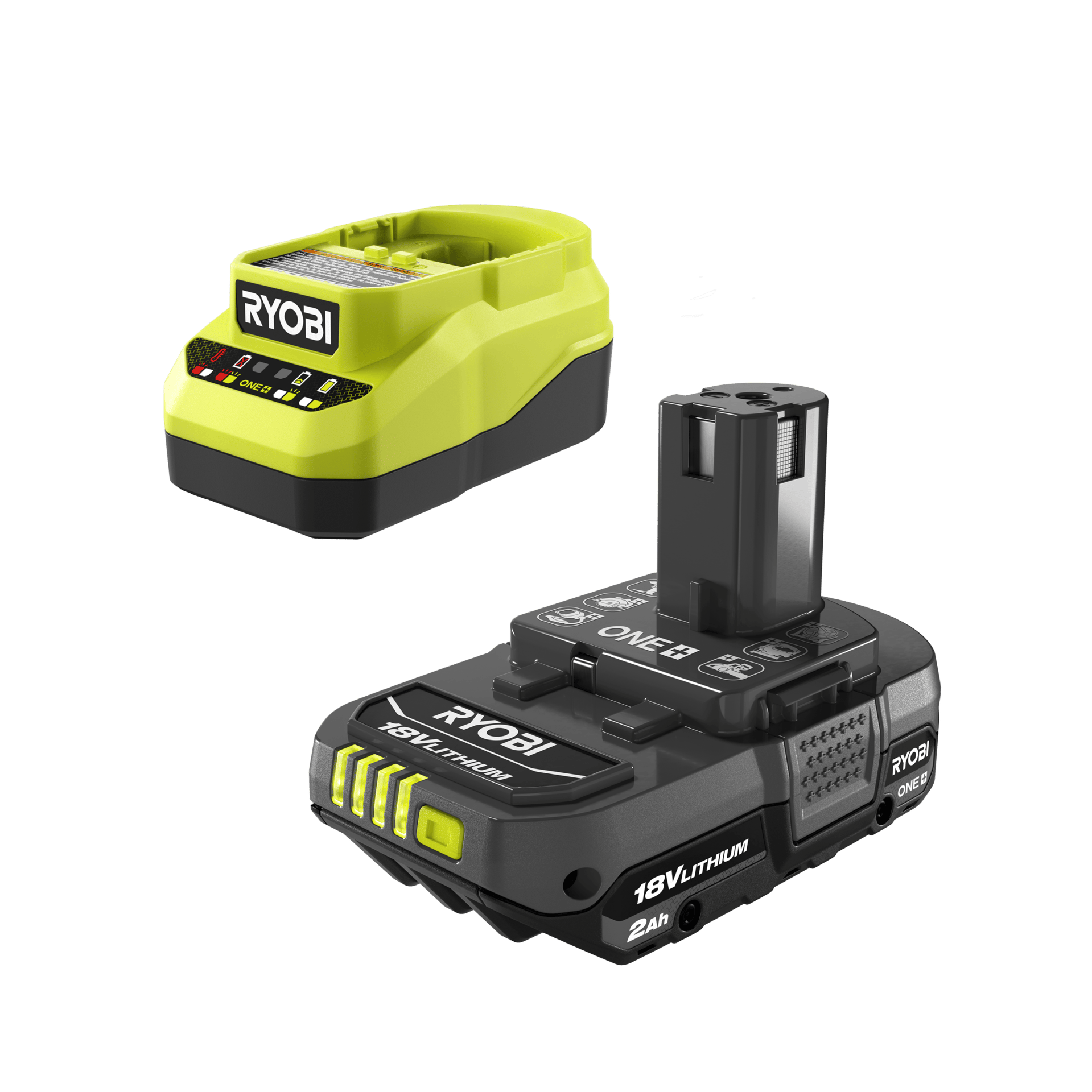 A Ryobi ONE+ 18V Lithium 2Ah battery and a matching battery charger, both in black and lime green.