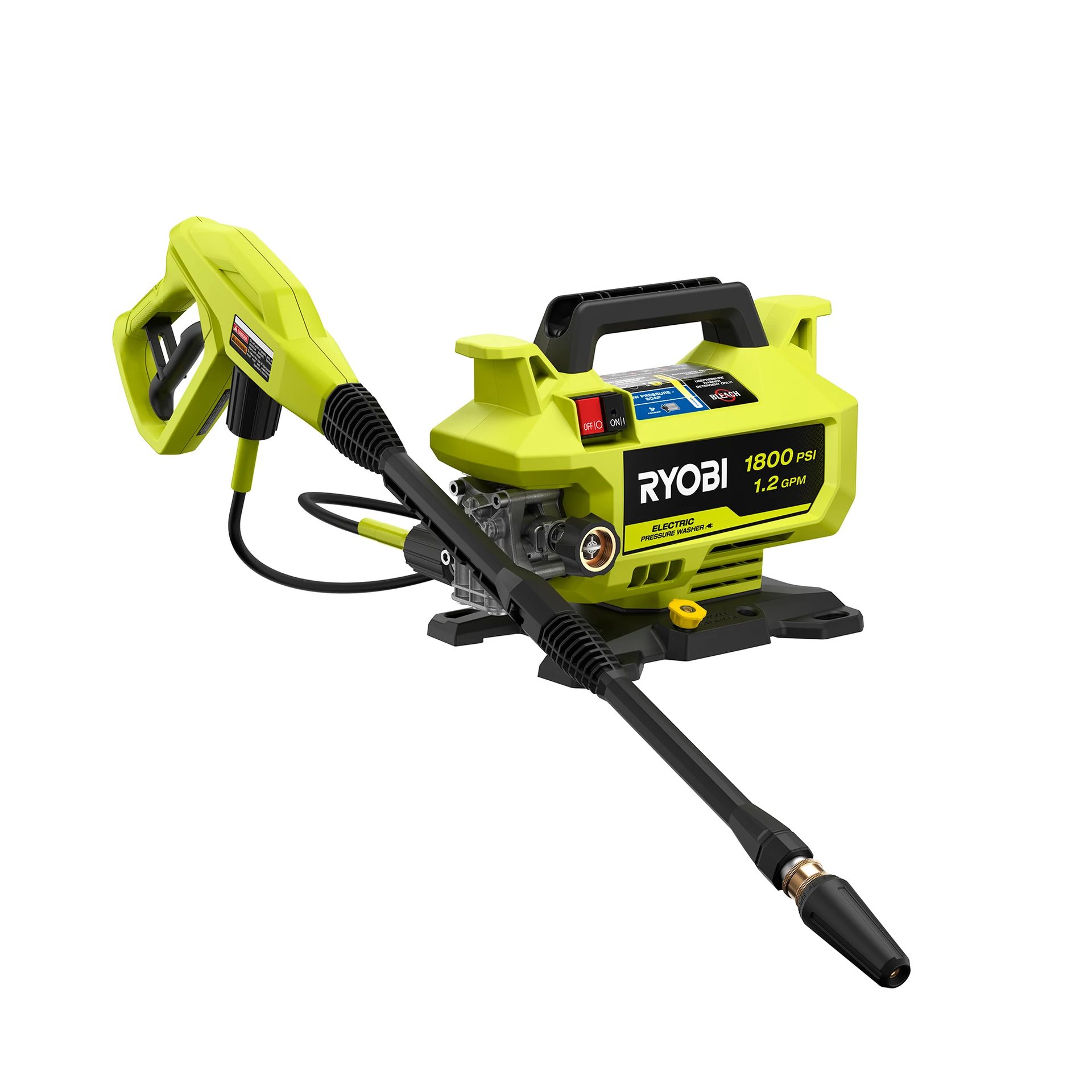 Ryobi 1800 PSI 1.2 GPM electric pressure washer, lime green with black accents & spray gun.