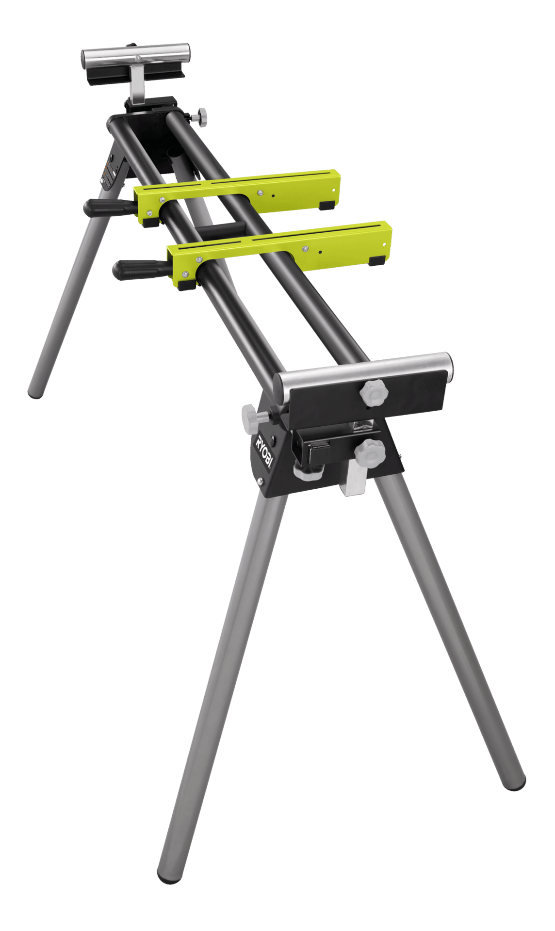 Ryobi miter saw stand with black frame, grey legs, and green material supports.