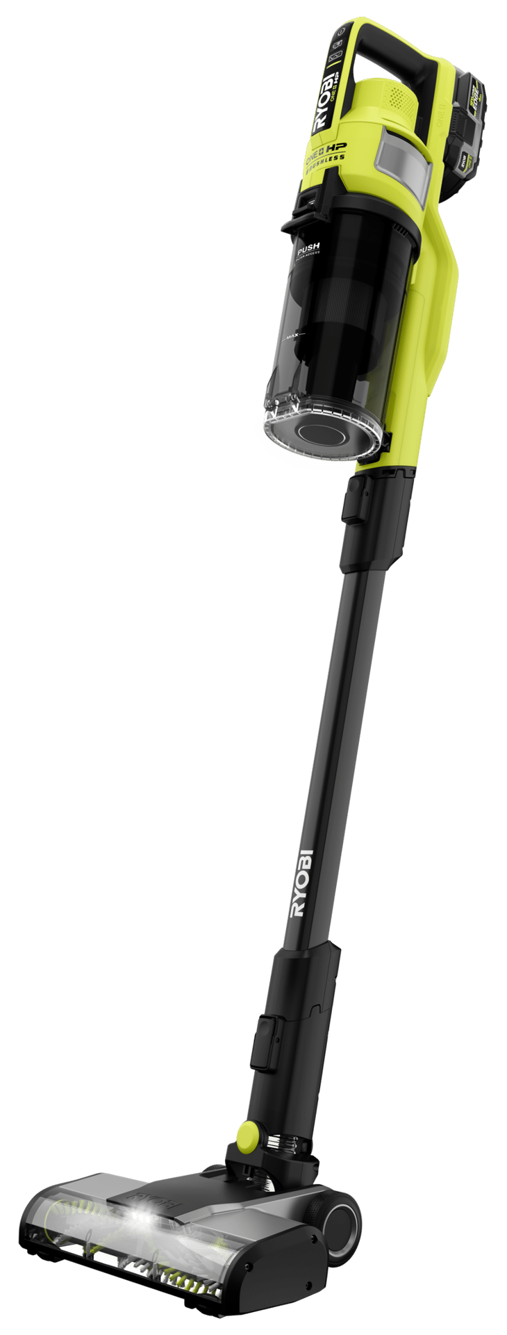 Ryobi ONE+ HP Brushless Cordless Stick Vacuum Cleaner in green and black, standing upright.