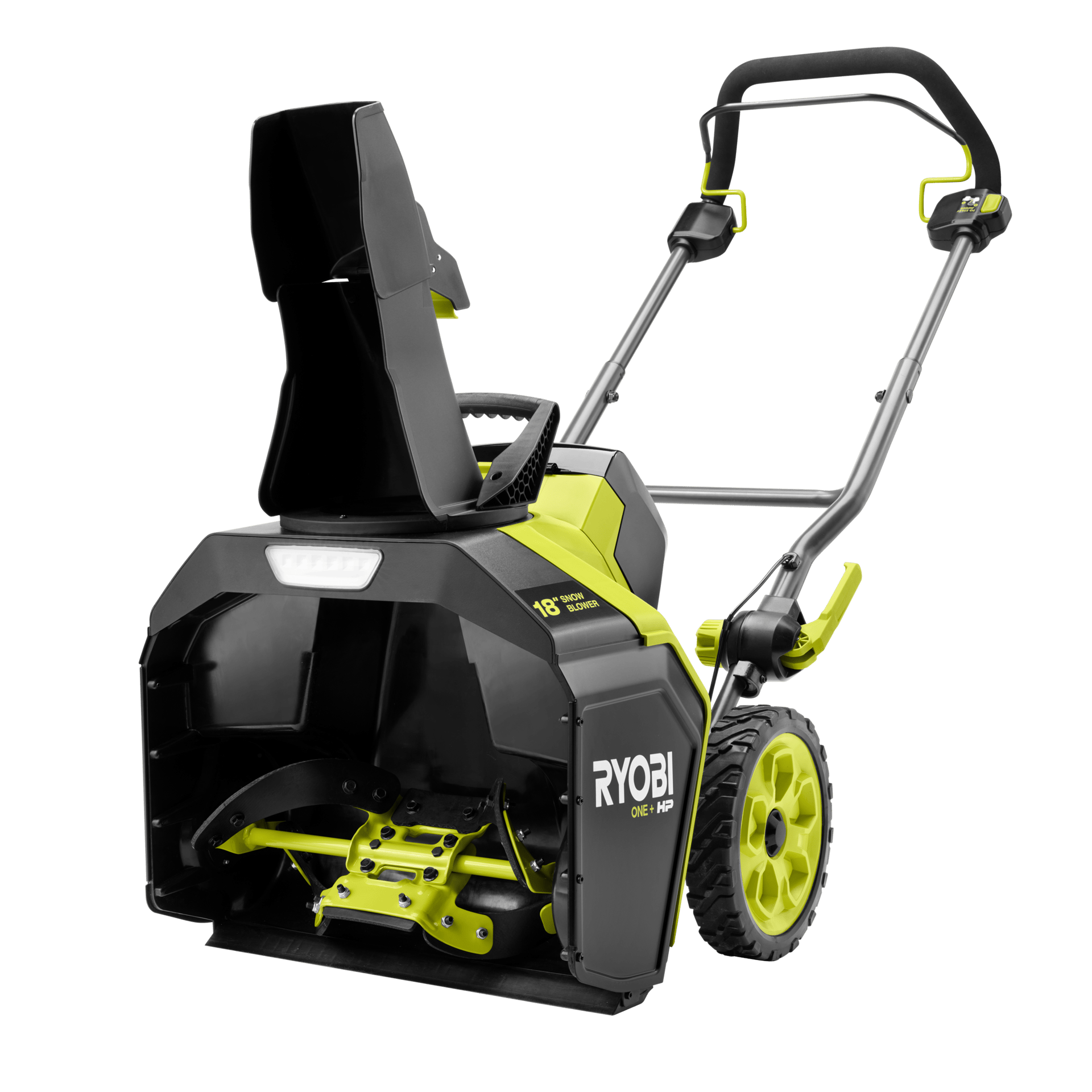 Ryobi 18" ONE+ HP snow blower in black and lime green.