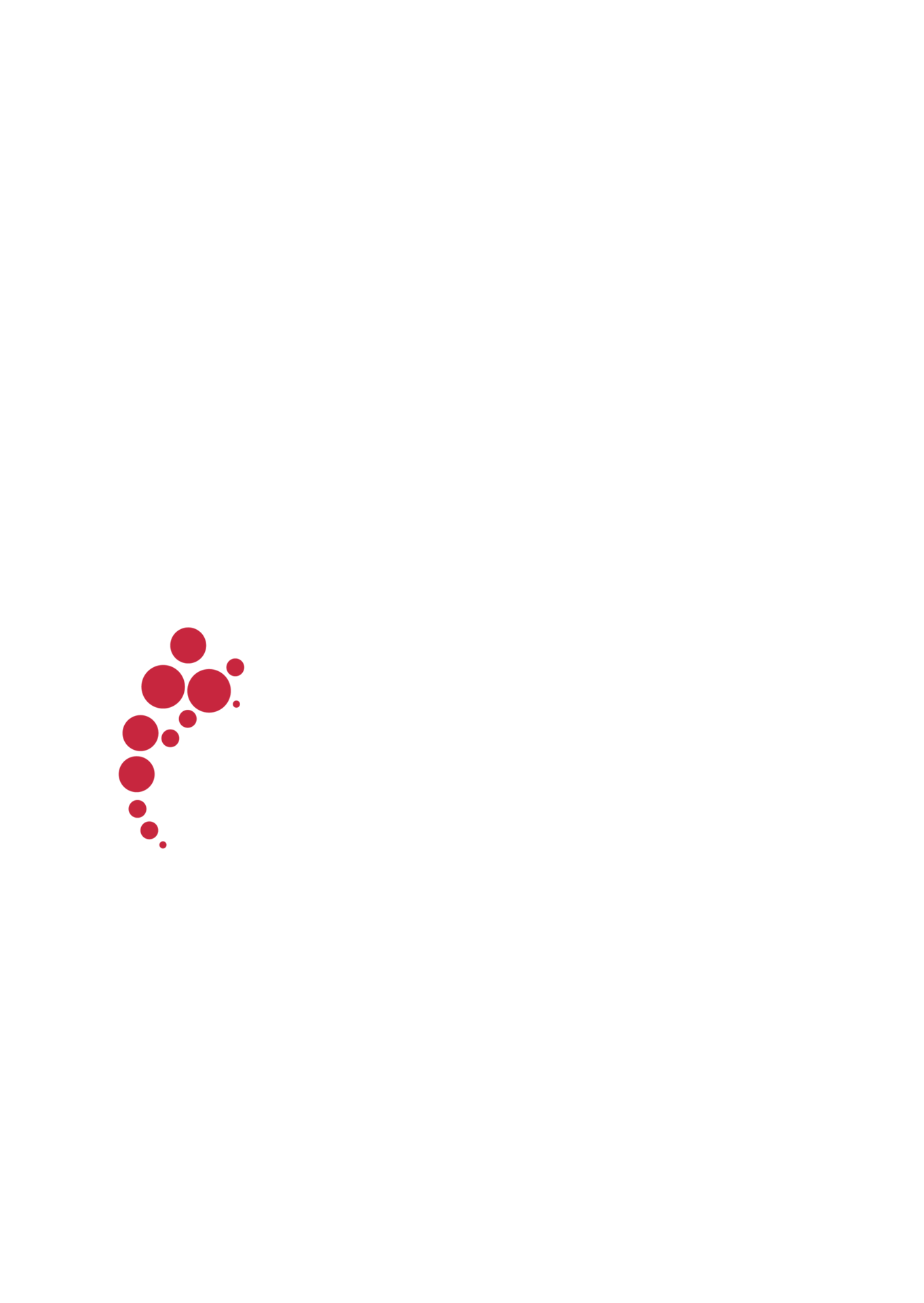 A red, comma-shaped swirl of dots, varying in size, on a plain white background.