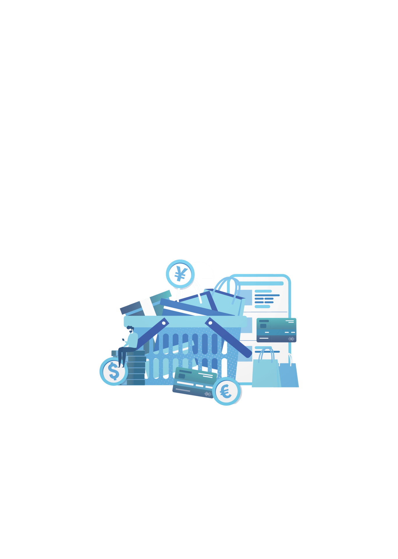 A blue shopping basket overflowing with money, credit cards, shopping bags, and a receipt, symbolizing commerce.