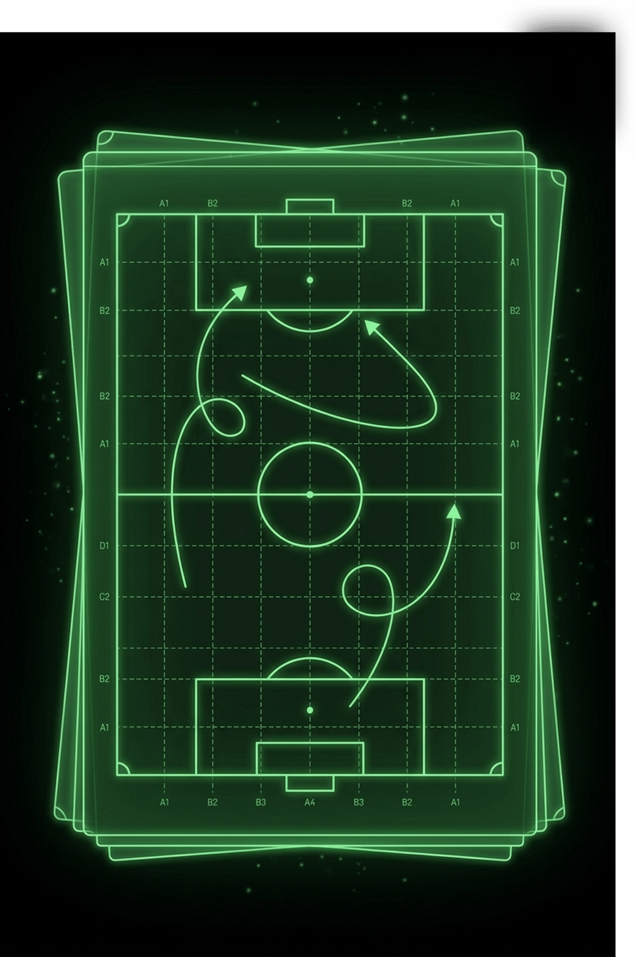 Neon green glowing soccer field diagram with tactical lines and grid on a dark background.