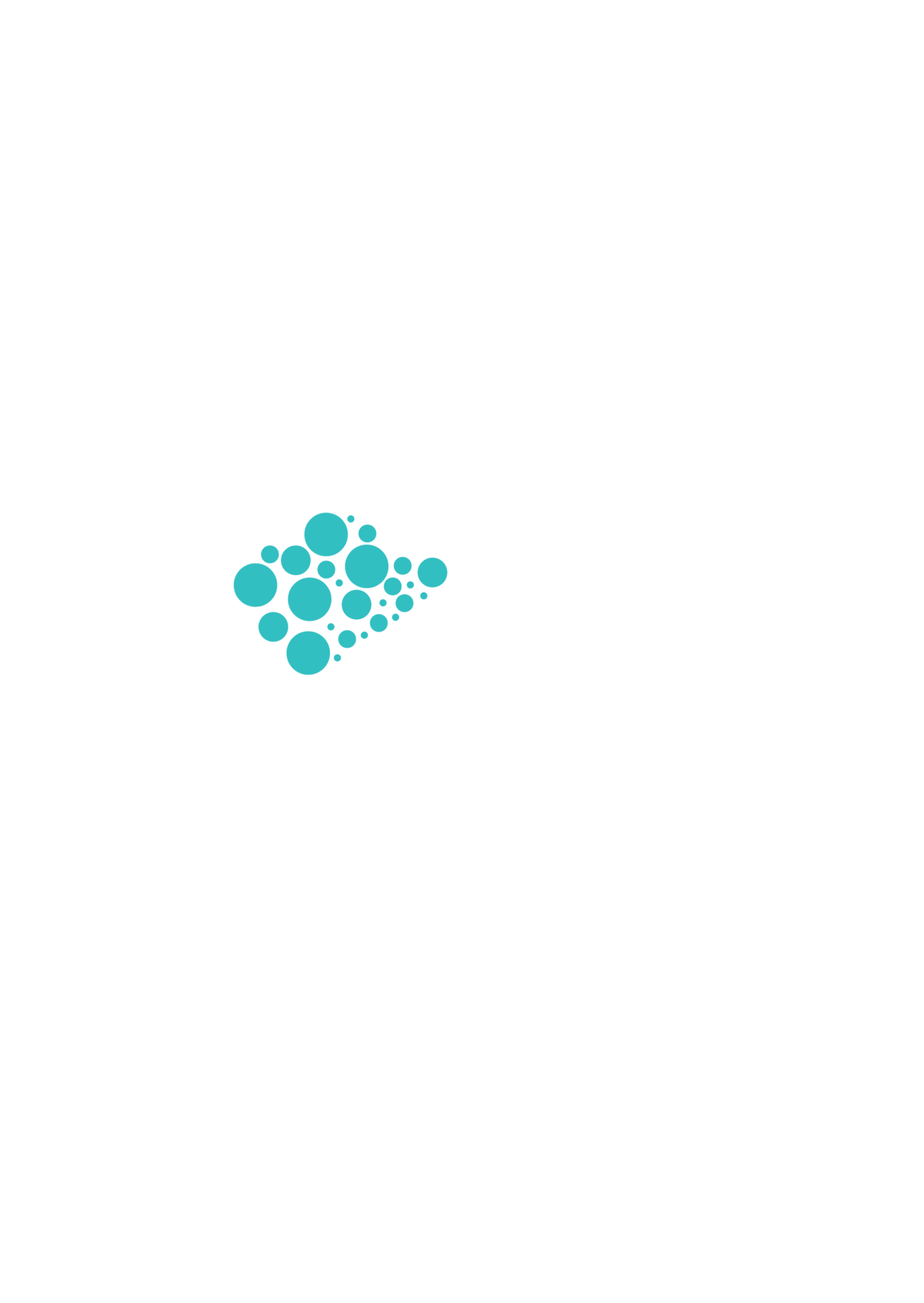 A right-pointing arrow formed by a cluster of teal circles of various sizes.