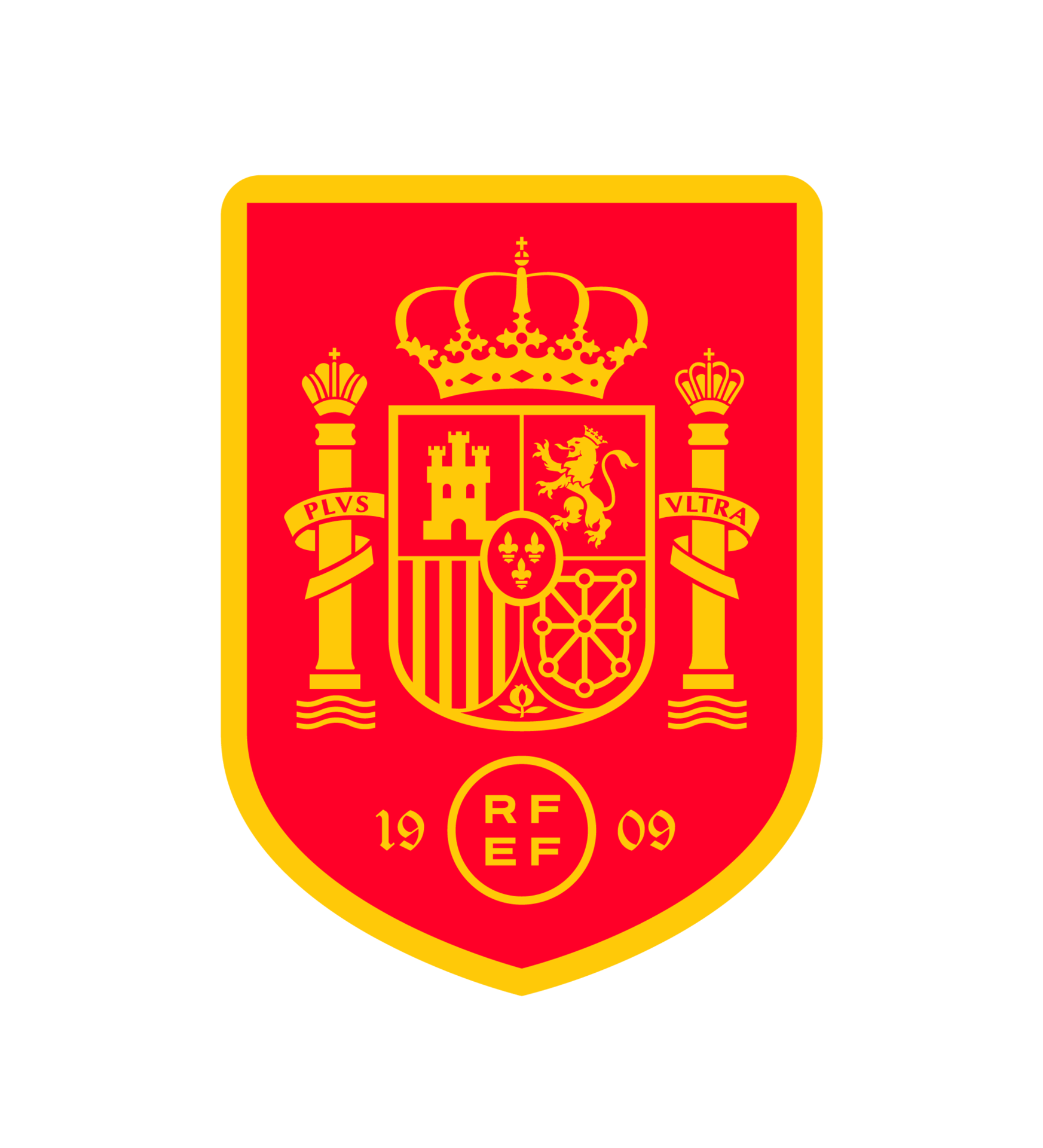 Red shield with yellow Spanish coat of arms, royal crown, and RFEF initials.