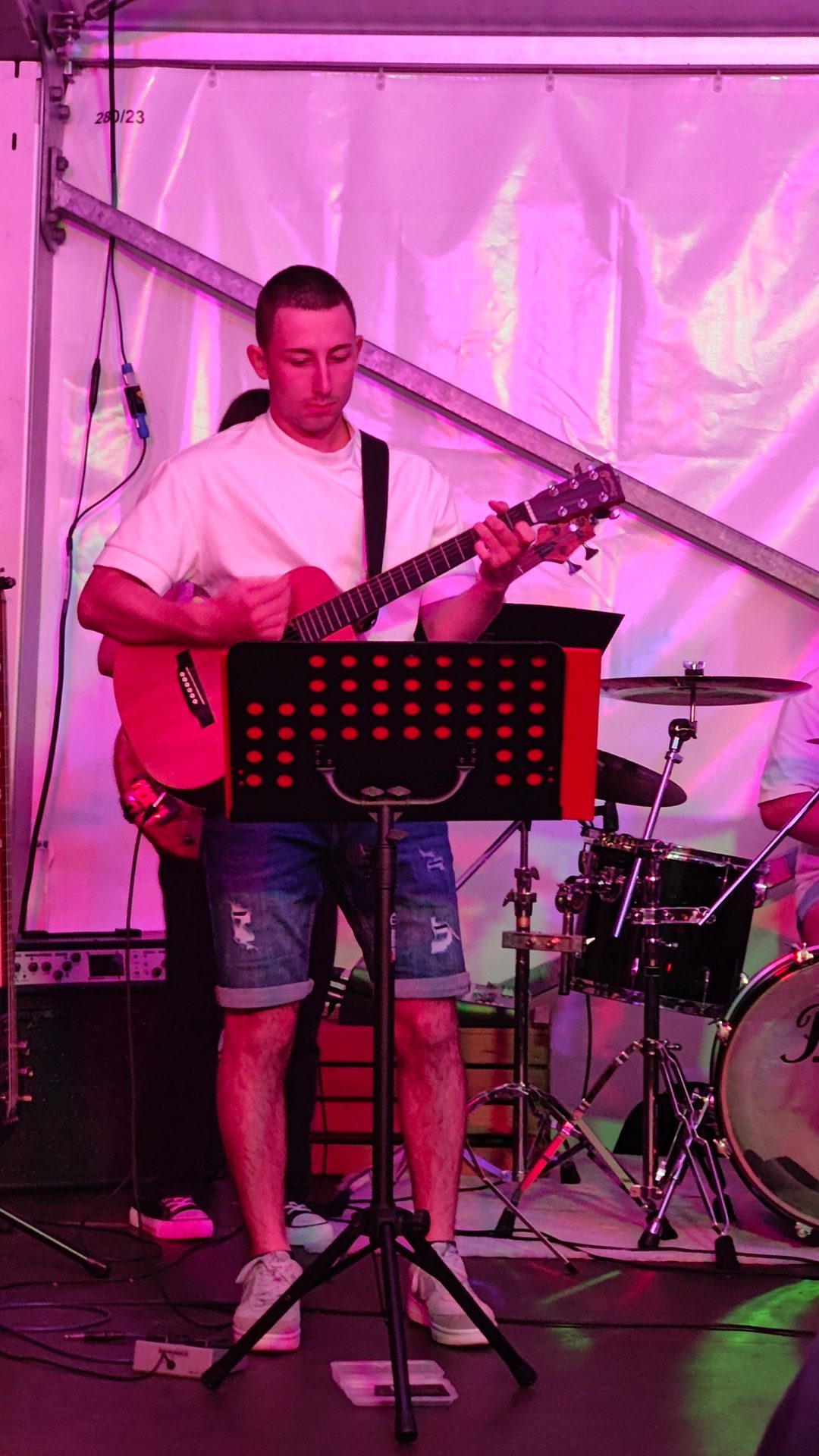 Musical instrument, Band plays, Guitar accessory, Membranophone, Idiophone, Drum, Musician, Purple, Concert, Entertainment