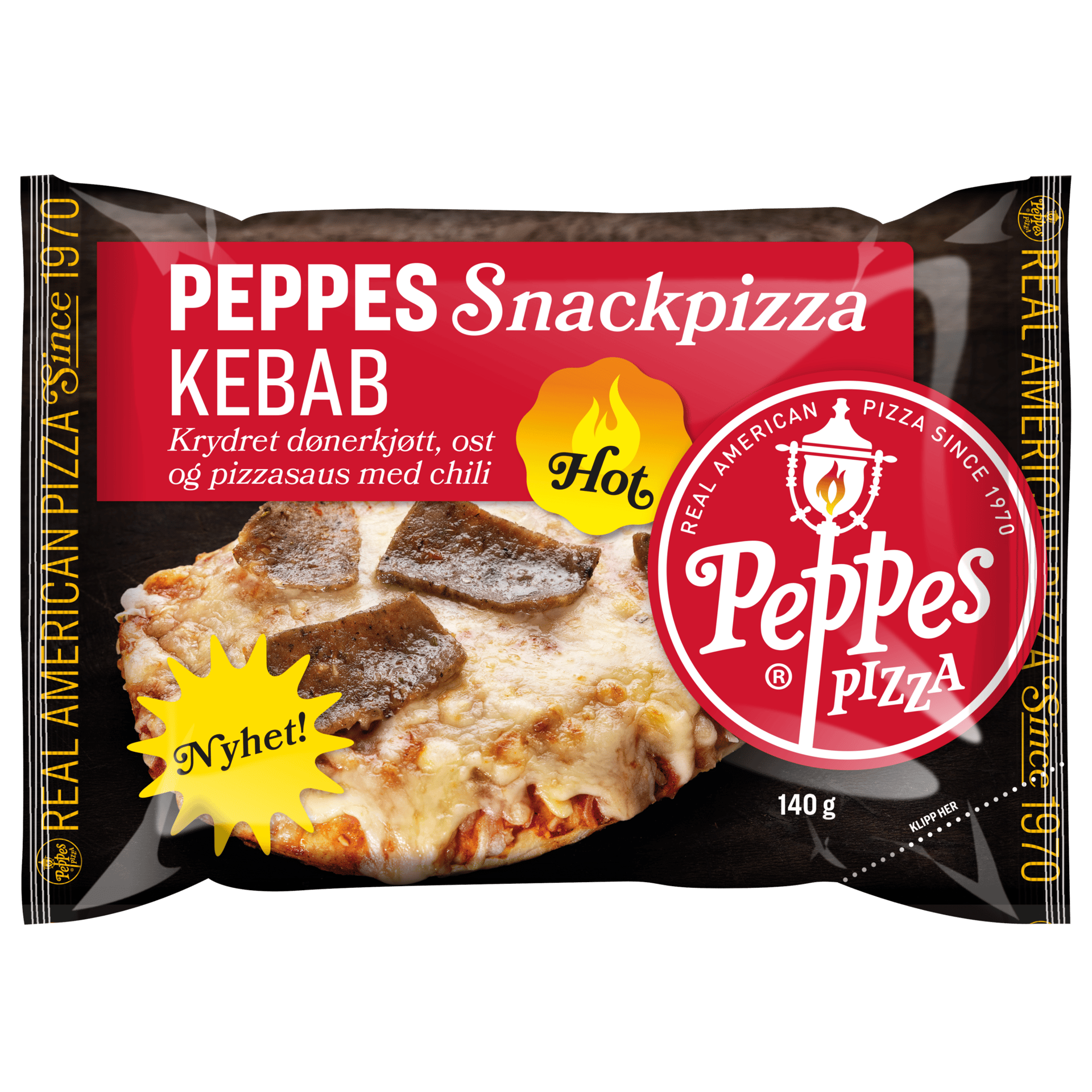 Peppes Kebab Snackpizza with spiced doner meat, cheese, and chili sauce on a black package.