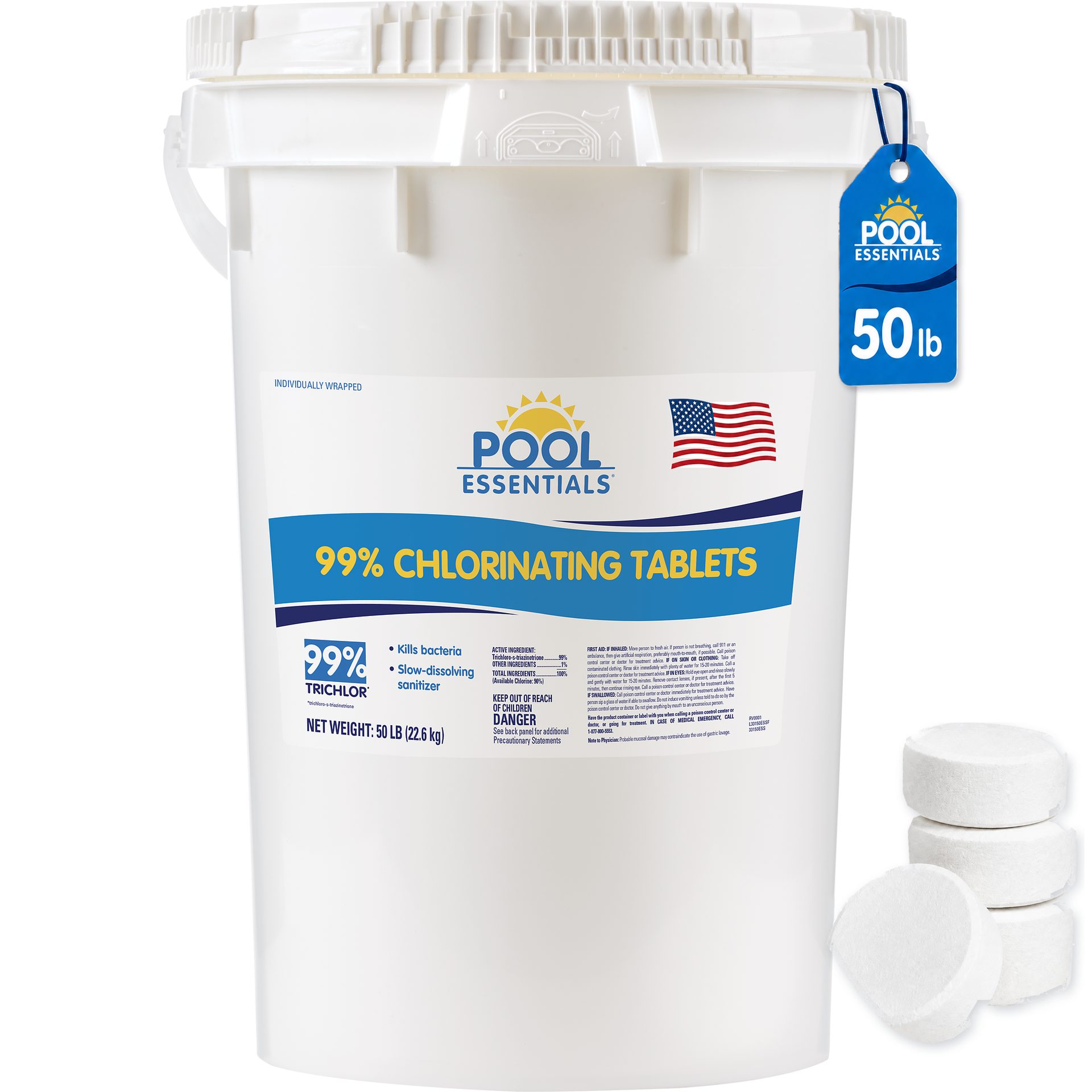 A white bucket of Pool Essentials 99% Chlorinating Tablets, 50 lb, with three white tablets next to it.