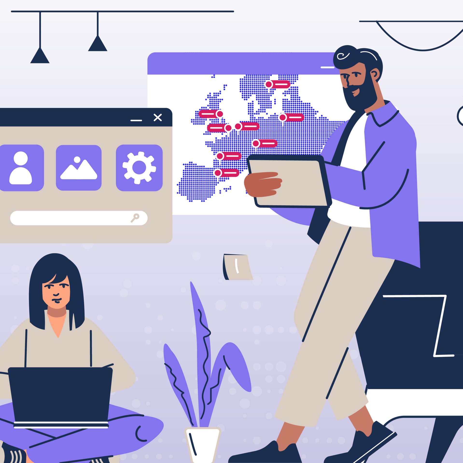 Two people engaged in digital work: a man analyzing a Europe map on a screen and a woman using a laptop.