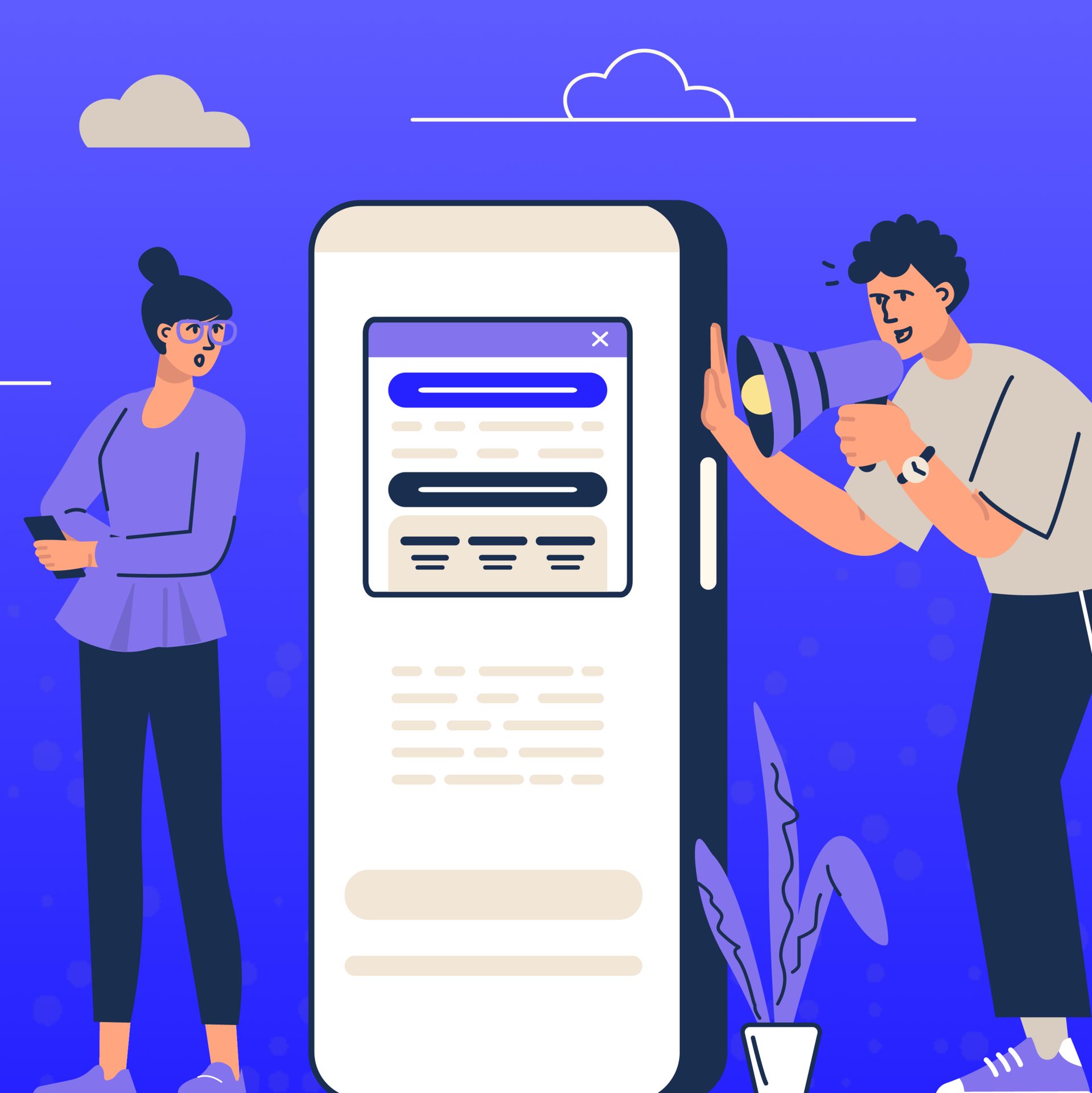 Two people (one with a megaphone) interact with a large smartphone displaying a message.