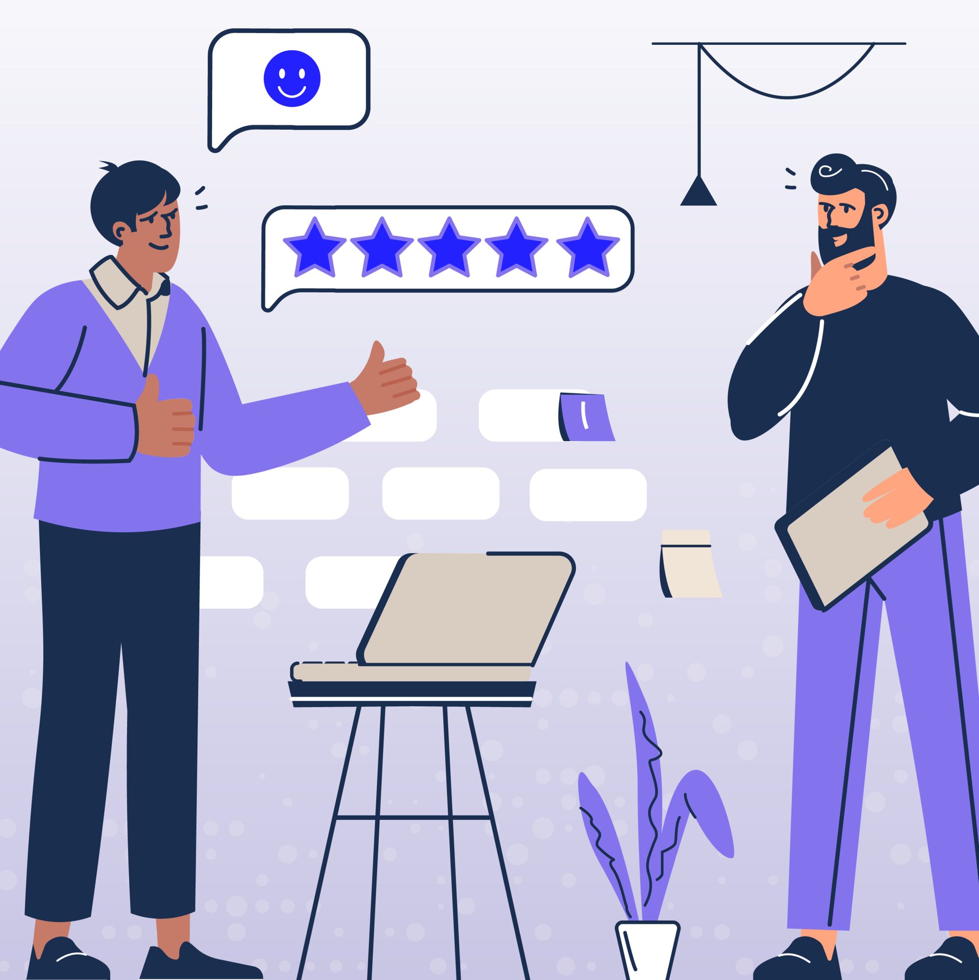 Illustration of customer feedback: happy man, 5-star rating, thinking man with tablet.